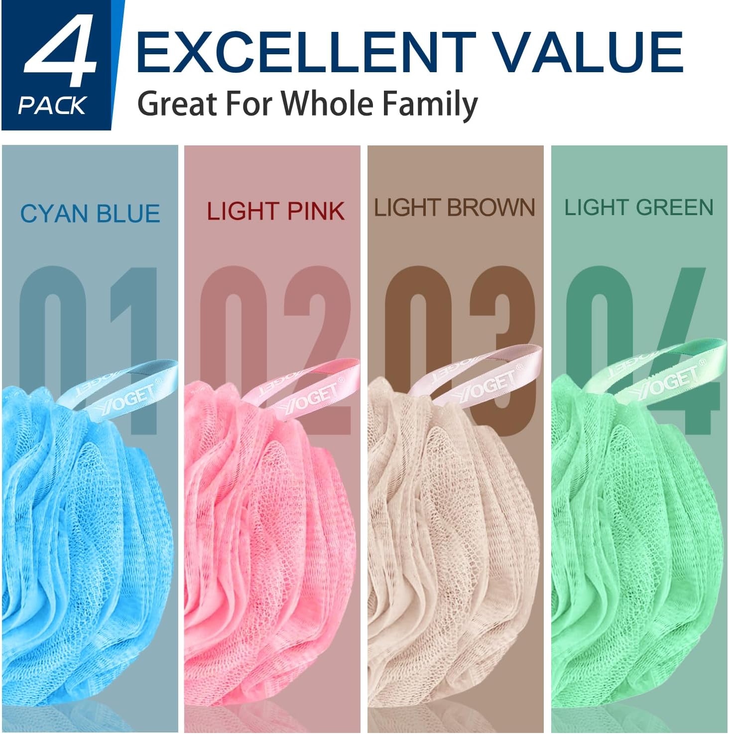 Yoget Charcoal Bath Loofah Sponge, 4 Pack Black 60G Large Shower Mesh Ball Soft Pouf Body Scrubber, Exfoliate, Cleanse, Soothe Skin, Black Loofah with White Trim