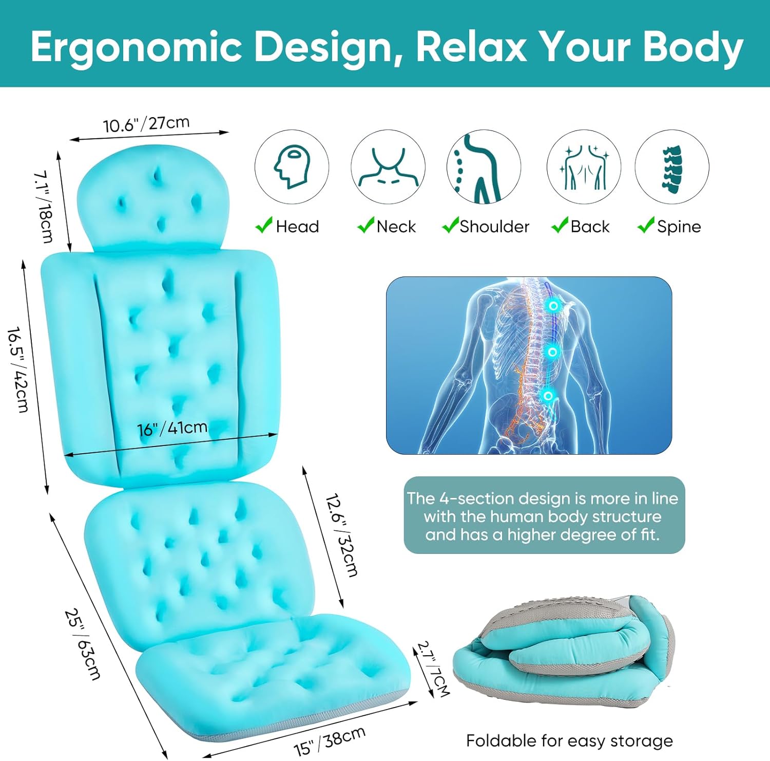 Full Body Bath Pillow, Bath Pillows for Tub with Powerful Non-Slip Suction Cups and Mesh Laundry Bag, Thick Bathtub Pillow for Head Neck and Back Support, Quick Drying & 3D Air Mesh, Blue