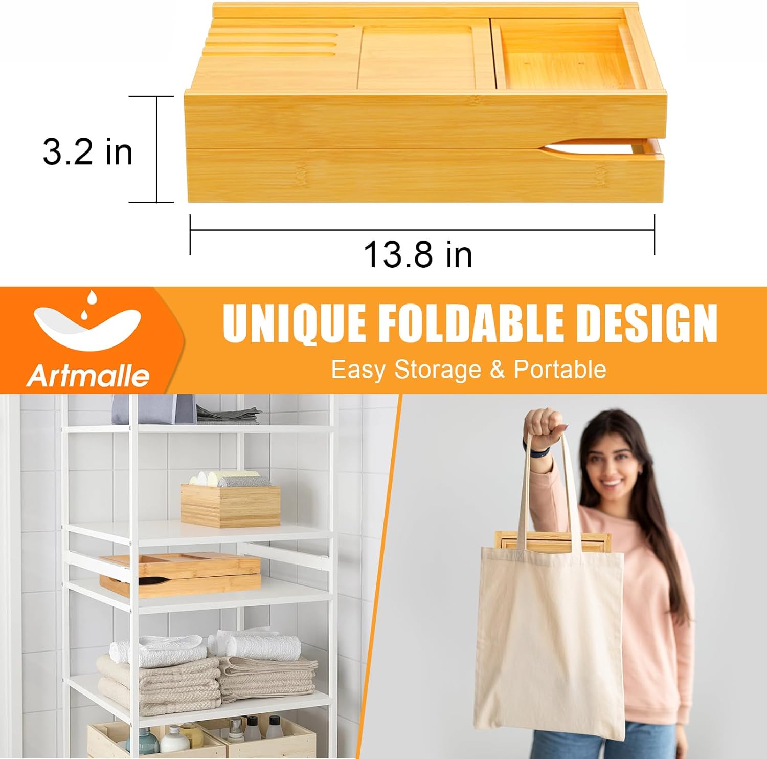 Artmalle Bathtub Caddy Tray for Tub,Foldable Bamboo Bath Table Tray with Book and Wine Glass Holder, Expandable Bathroom Accessories with Free Soap Dish Suitable for Luxury Spa or Reading