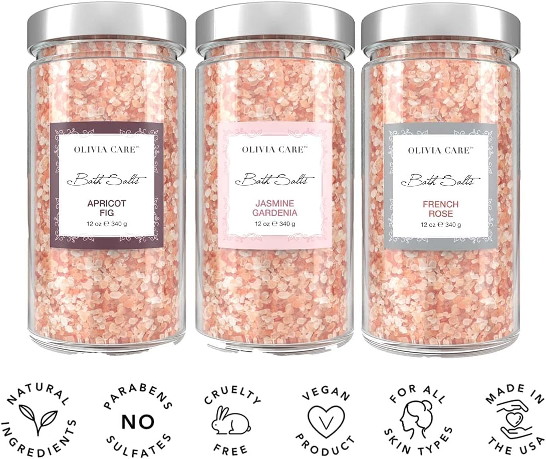 OLIVIA CARE 3 Pack Bath Salt Combo by Apricot Fig, French Rose & Jasmine Gardenia - Relieves & Relax Muscles. Exfoliate, Rejuvenate & Soothes Natural
