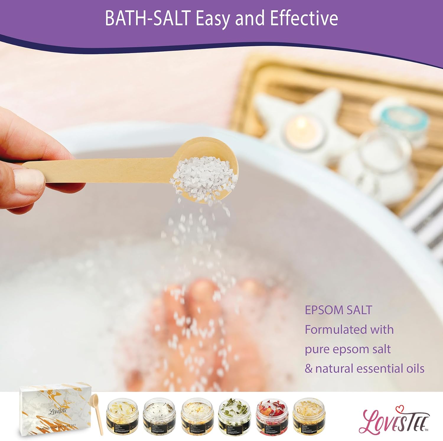 Lovestee Epsom Salt Spa Gift Set of 6 Bath Salts - Coconut Vanilla, Jasmine Osmanthus, Eucalyptus Mint, Lavender Honey, Chamomile Rose, Grapefruit Lemon for Soaking Bath Gift Set for Women