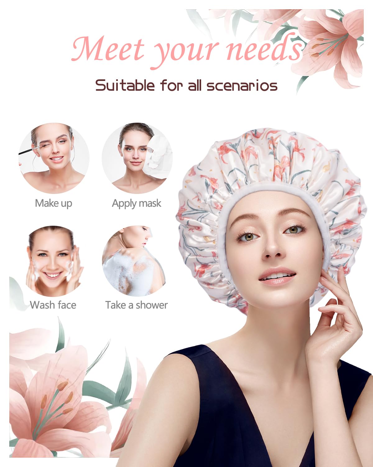 Aquior Shower Cap,Terry Cloth Lined Shower Cap for Women Reusable, Triple Layer Waterproof Bath Cap, Extra Large for Women Long Hair