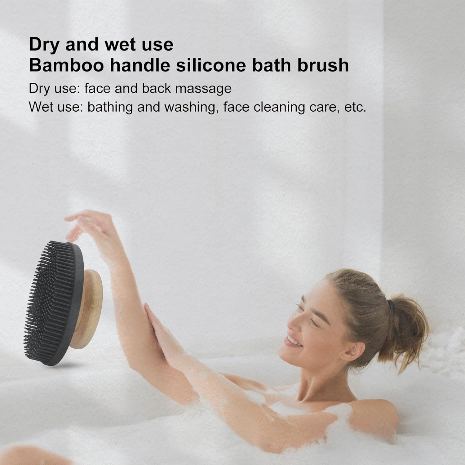 Ozner Food-Grade Soft Silicone Body Scrubber Shower Brush, Cleans and Removes Dead Skin - Foam-Rich Brush, Non-Slip Bamboo Handle Silicone Loofah, Durable and Easy to Clean, 1pc (Pink)