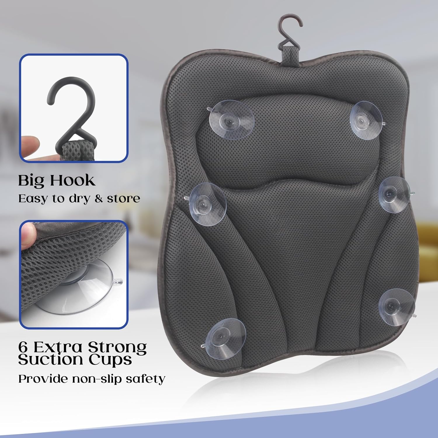 Bath Pillow for Tub Neck and Back Support Bathtub Pillow Essential Bath Accessory for Soaking, Jacuzzi or Spa Bathtub, Luxury Soft 4D Bath Tub Pillow with Strong Suction Cups for Body Relaxing - Grey