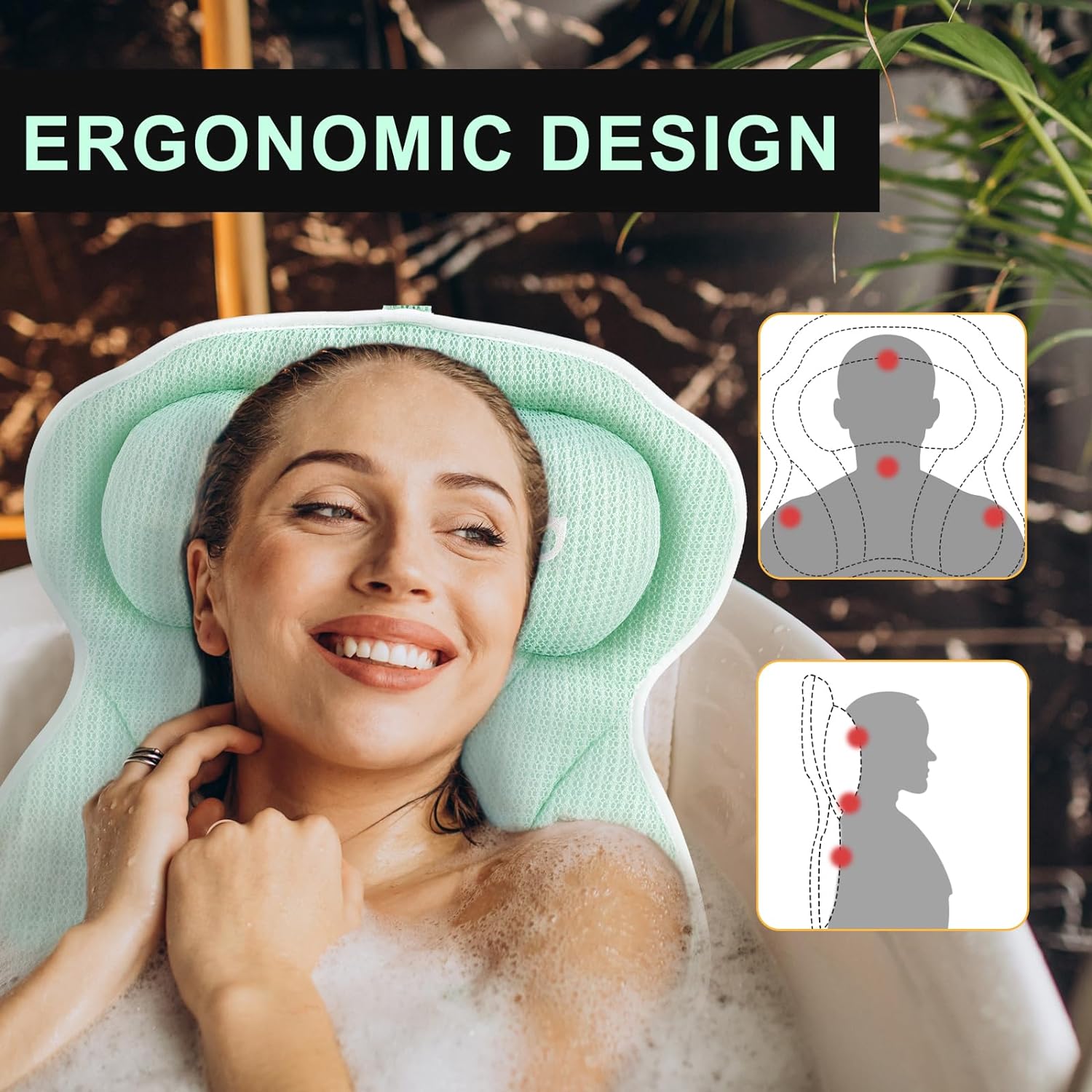 Olaemuo Bath Pillow Ergonomic Bathtub Pillow, Bath Bathtub Pillows for Tub for Head and Neck Mesh Bath Tub Pillow Headrest Luxury Bath Tub Shower Pillow for Bubble Bath with 6 Suction Cups-Light Green