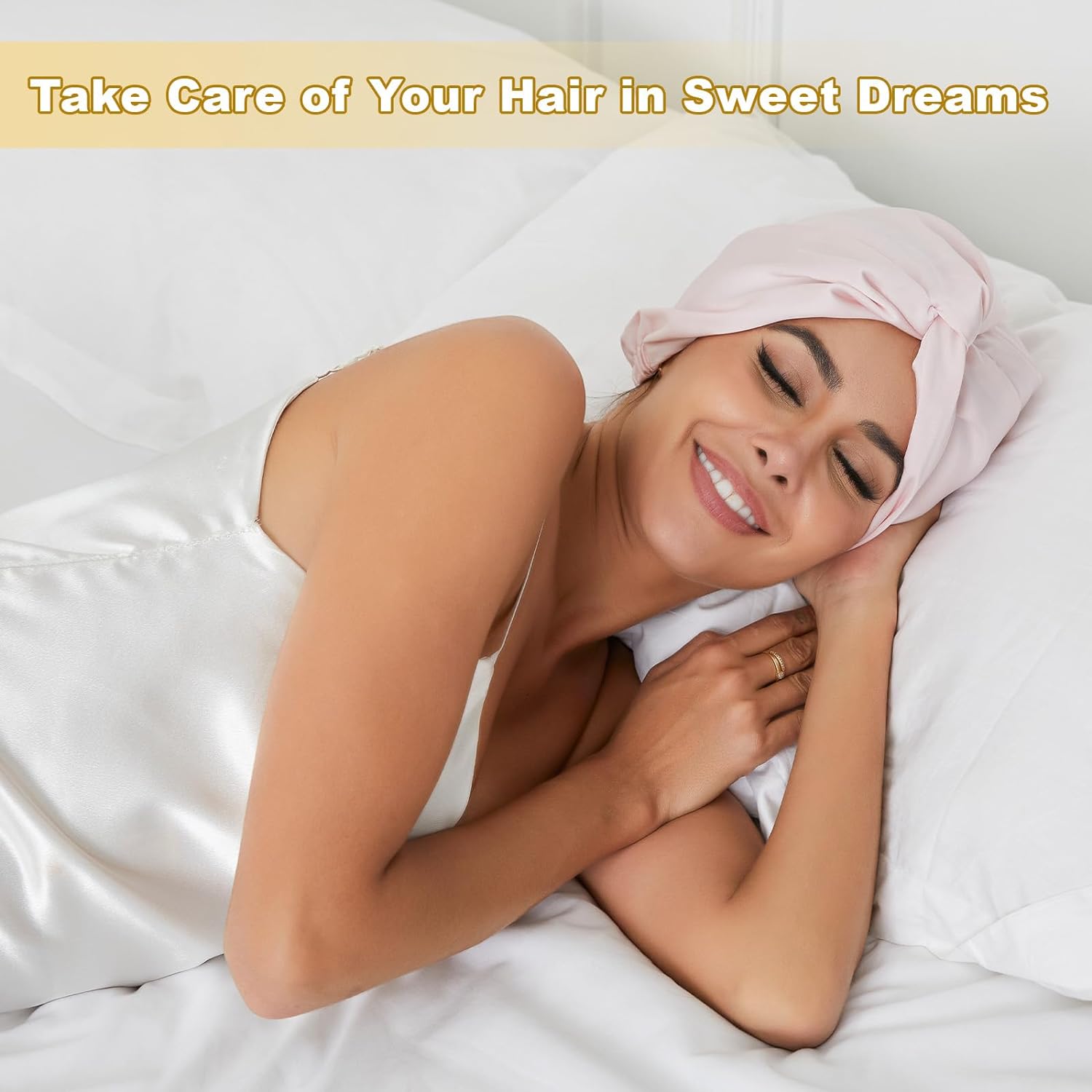 Satin Bonnet Silk Bonnet for Sleeping Women, Double-Layer Silk Hair Wrap with Elastic Band, Adjustable Shower Cap for Curly Straight Long Hair, Pink