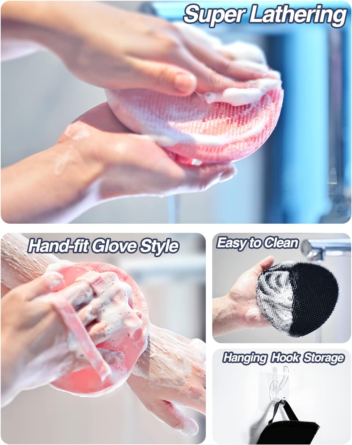 Manmihealth Silicone Back Scrubber(Thick Bristles) & Soft Bath Glove Set, Super-Exfoliating Body Scrubber & Super-Lathering Shower Brush Combination, with a Free Hook.(Black)