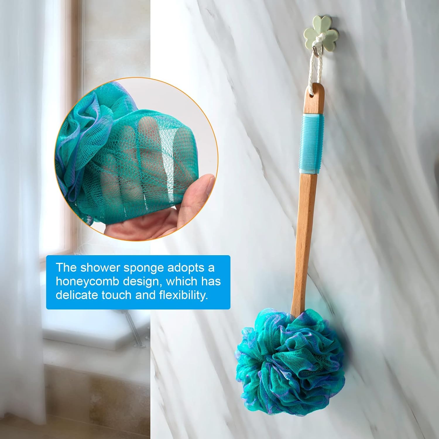 AmazerBath Shower Sponge Loofah Back Scrubber, PE Soft Mesh Loofah Body Scrubber with Long Wooden Handle, Bath Sponge for Men Women (Pink)