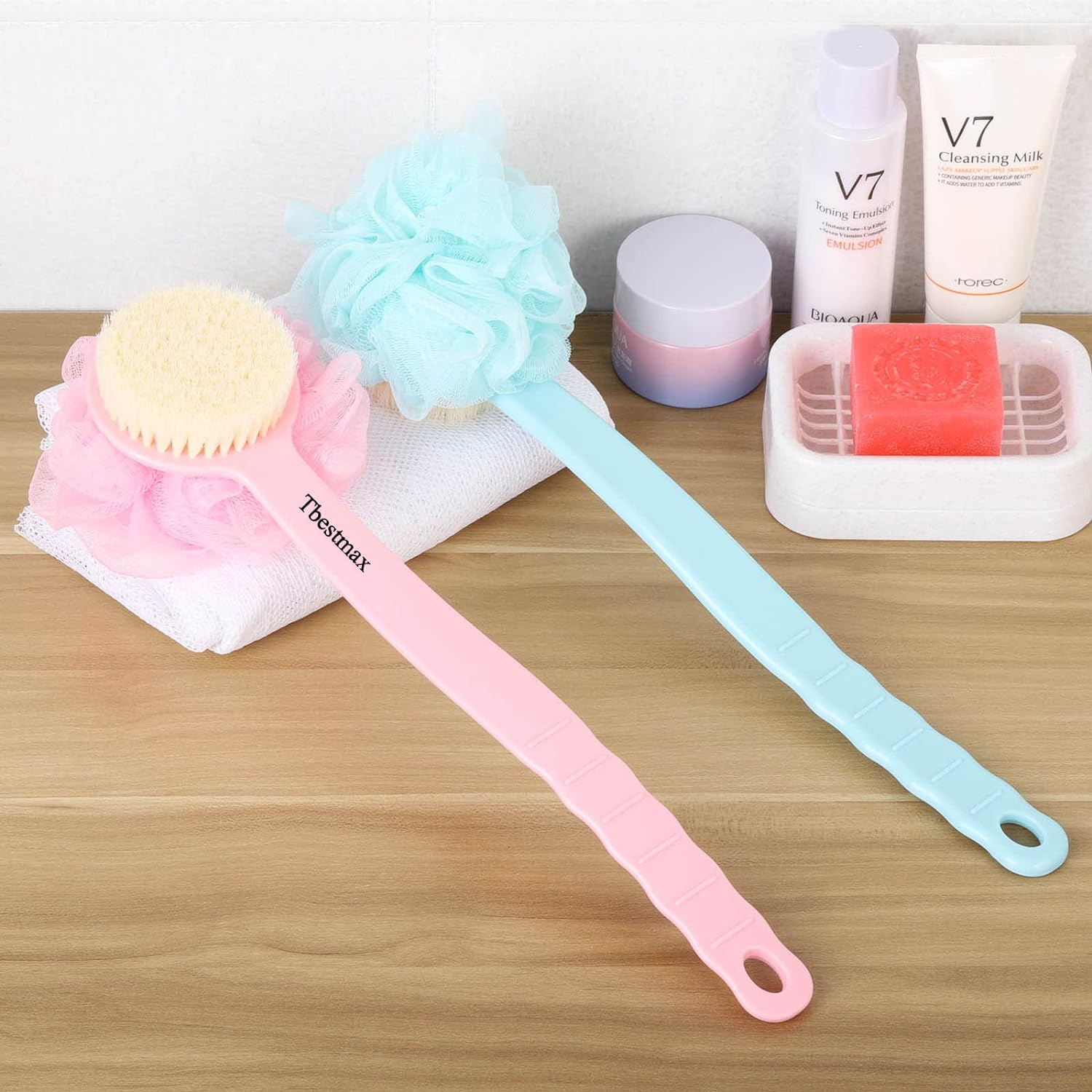 Tbestmax Loofah Back Scrubber Long Handle Shower Body Brush with Soft Mesh Sponge for Women Skin Exfoliating Bath, Massage