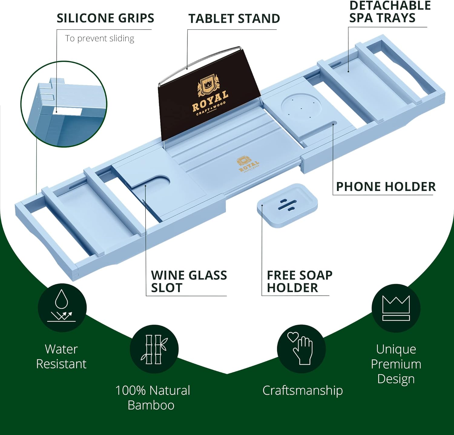 ROYAL CRAFT WOOD Foldable Bathtub Tray Caddy Bamboo Bathtub Tray Expandable, Bath Tub Table Caddy with Extending Sides - Free Soap Dish