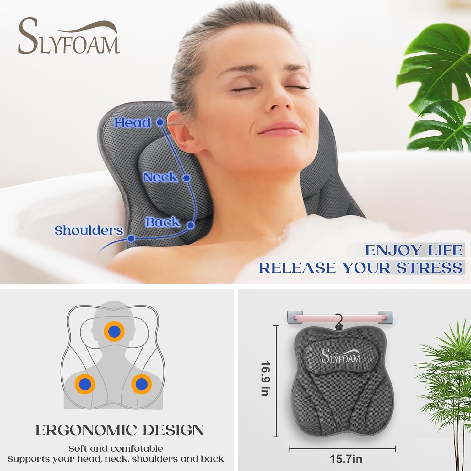 Bath Pillow for Tub Neck and Back Support Bathtub Pillow Essential Bath Accessory for Soaking, Jacuzzi or Spa Bathtub, Luxury Soft 4D Bath Tub Pillow with Strong Suction Cups for Body Relaxing - Grey