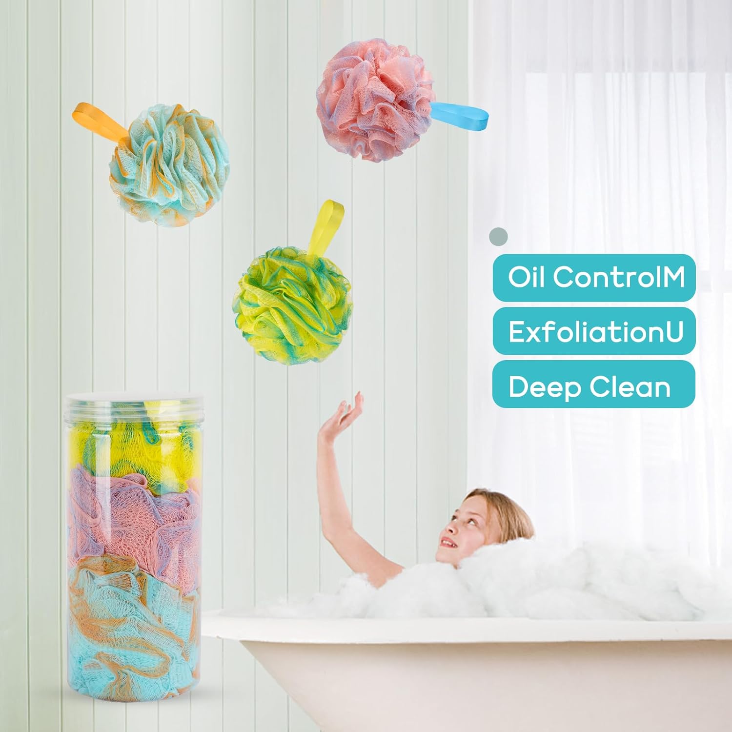 Multi Color Optional Shower Ball Soft Sponge Scrubbing, Exfoliating and Skincare Removing Bath Sponge Luffa Body Scrub Cotton Mesh Bag Shower Ball Exfoliating Bath Sponge3Pack (65g/pcs)