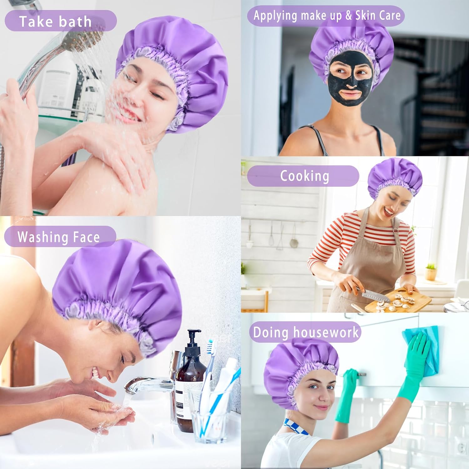 Shower Caps for Women, Terry Cloth Lined EVA Exterior Elastic and Reusable Bath Caps, Double Waterproof Layers Shower Cap, Bathing Shower Caps, Environmental Protection Bath Hair Cap - Pink