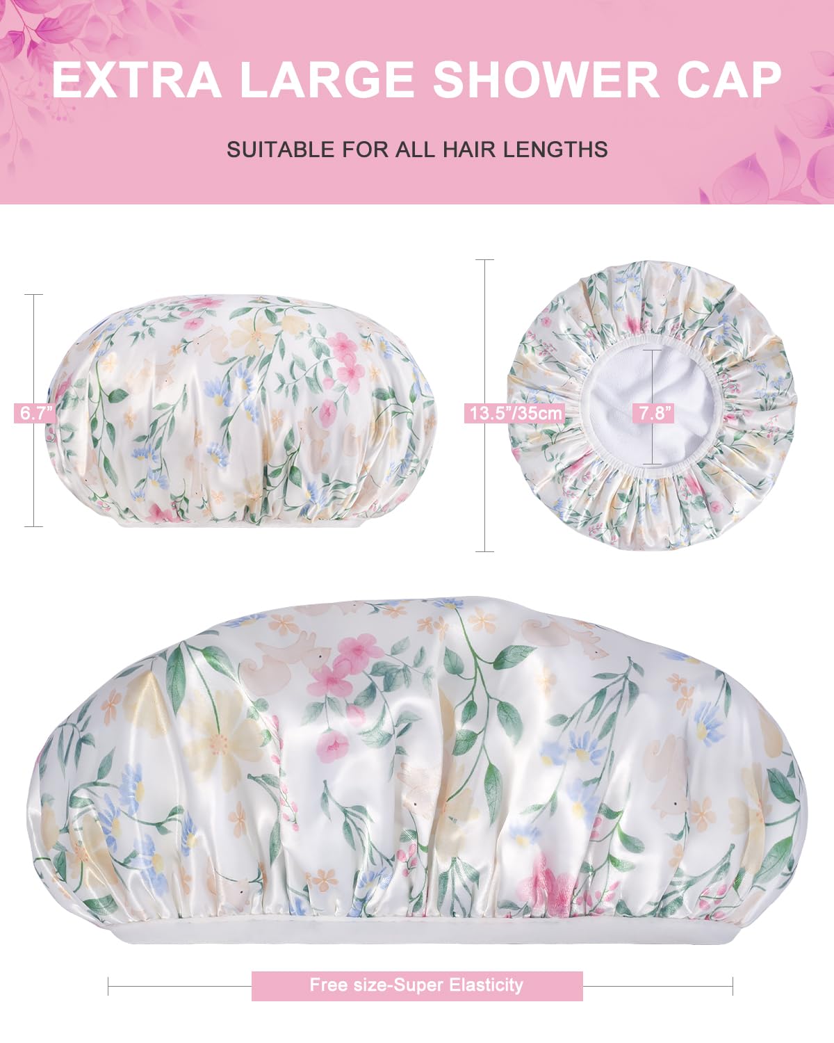 Aquior Shower Cap,Terry Cloth Lined Shower Cap for Women Reusable, Triple Layer Waterproof Bath Cap, Extra Large for Women Long Hair