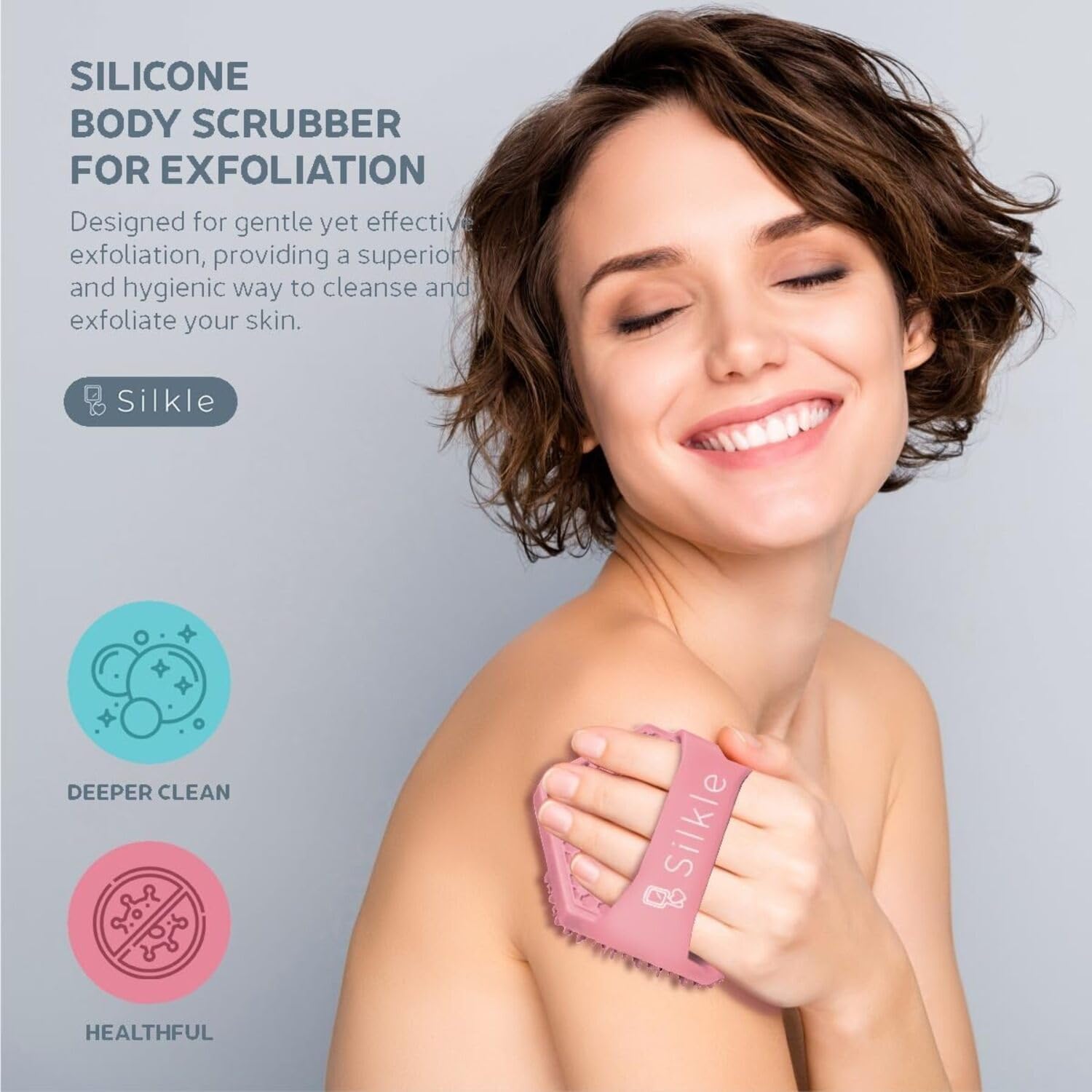 SILKLE Silicone Body Scrubber - Exfoliating Bath Brush and Skin Cleanser - Shower Sponge for Gentle Body Scrub and Wash - Silicone Scrubbing Care Tool for a Refreshed and Renewed You - Pink