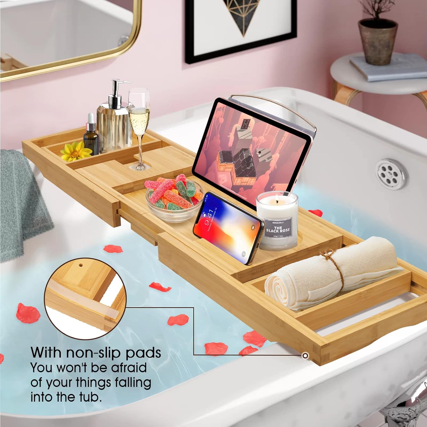 Artmalle Bathtub Caddy Tray for Tub,Foldable Bamboo Bath Table Tray with Book and Wine Glass Holder, Expandable Bathroom Accessories with Free Soap Dish Suitable for Luxury Spa or Reading