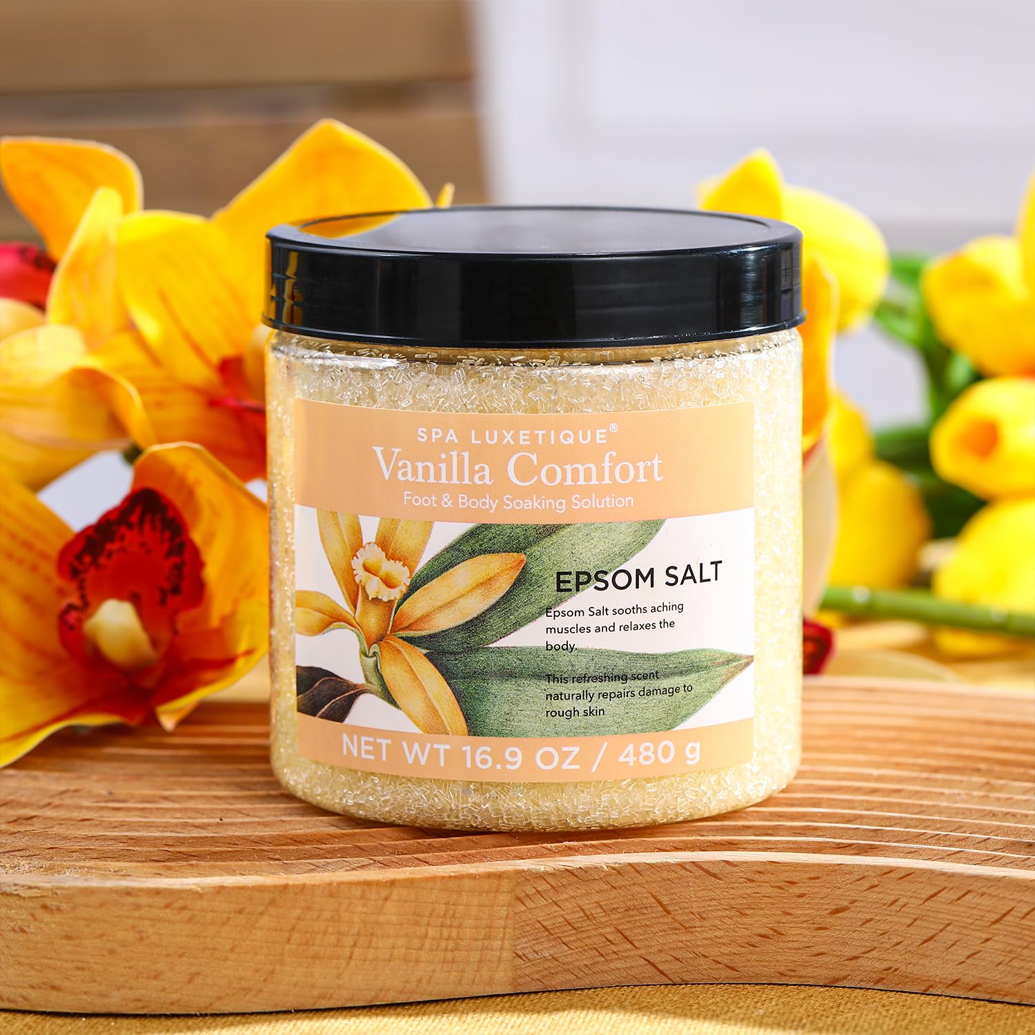 spa luxetique Bath Salts, 8pcs Bath Salts Gift Set with Argan Oil, Bath Bombs, Wooden Scoop, Epsom Salt for Soaking in Lavender, Rose, Chamomile Scent, Mother's Day Gifts