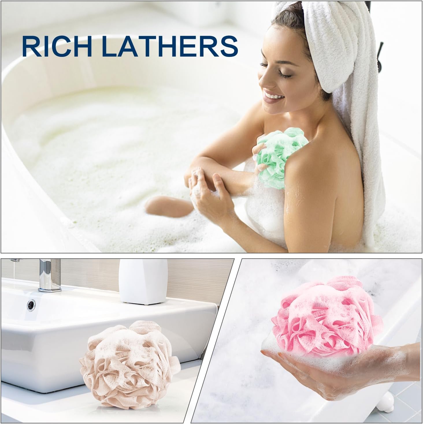 Yoget Charcoal Bath Loofah Sponge, 4 Pack Black 60G Large Shower Mesh Ball Soft Pouf Body Scrubber, Exfoliate, Cleanse, Soothe Skin, Black Loofah with White Trim