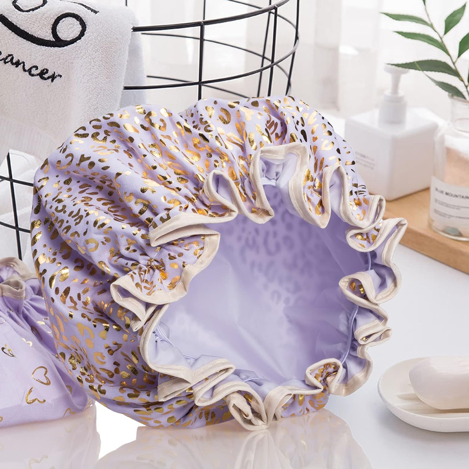 Qeuly 2 Pack Waterproof Shower Cap, Reusable Shower Cap for Women, Elastic Bathing Shower Hat Double Layers Bathing Hair Cap PEVA Lined Shower Hair Bath Cap (Pink)