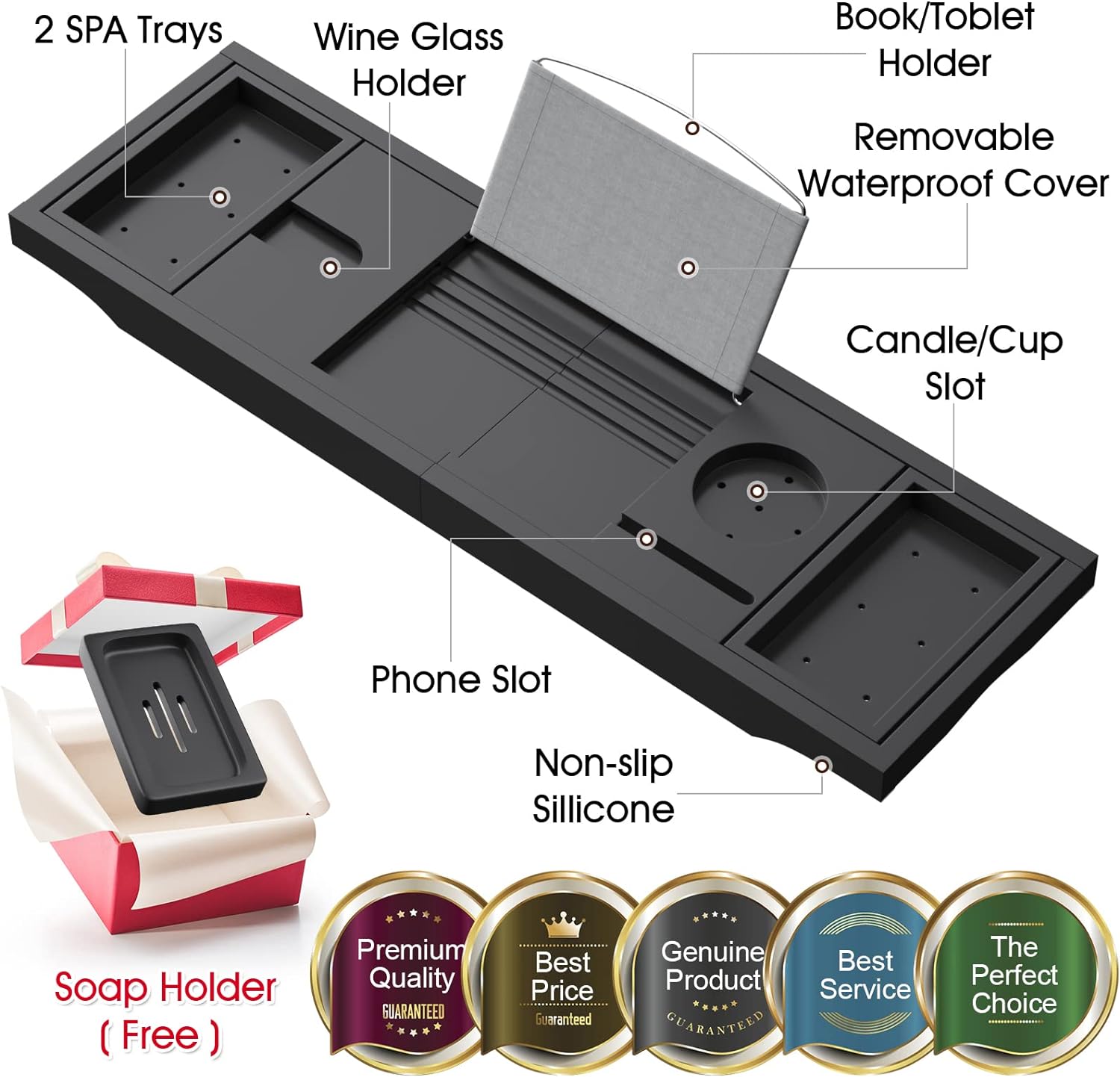 Artmalle Bathtub Caddy Tray for Tub,Foldable Bamboo Bath Table Tray with Book and Wine Glass Holder, Expandable Bathroom Accessories with Free Soap Dish Suitable for Luxury Spa or Reading