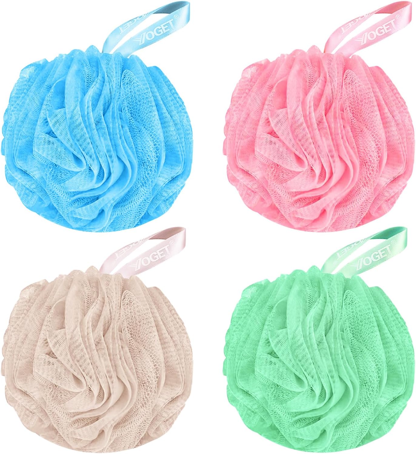 Yoget Charcoal Bath Loofah Sponge, 4 Pack Black 60G Large Shower Mesh Ball Soft Pouf Body Scrubber, Exfoliate, Cleanse, Soothe Skin, Black Loofah with White Trim