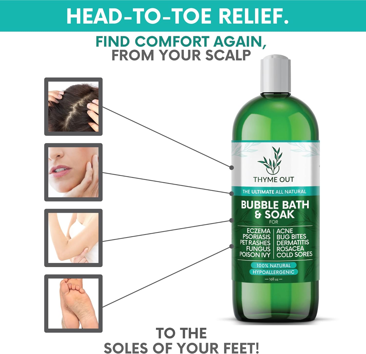 Thyme Out All-Natural Bubble Bath - Hypoallergenic Skin-Soothing Thyme Bath Foam - Sulfate-Free, Paraben-Free Formula Provides Deep Moisturization and Hydration for All Skin Types - 16 Oz