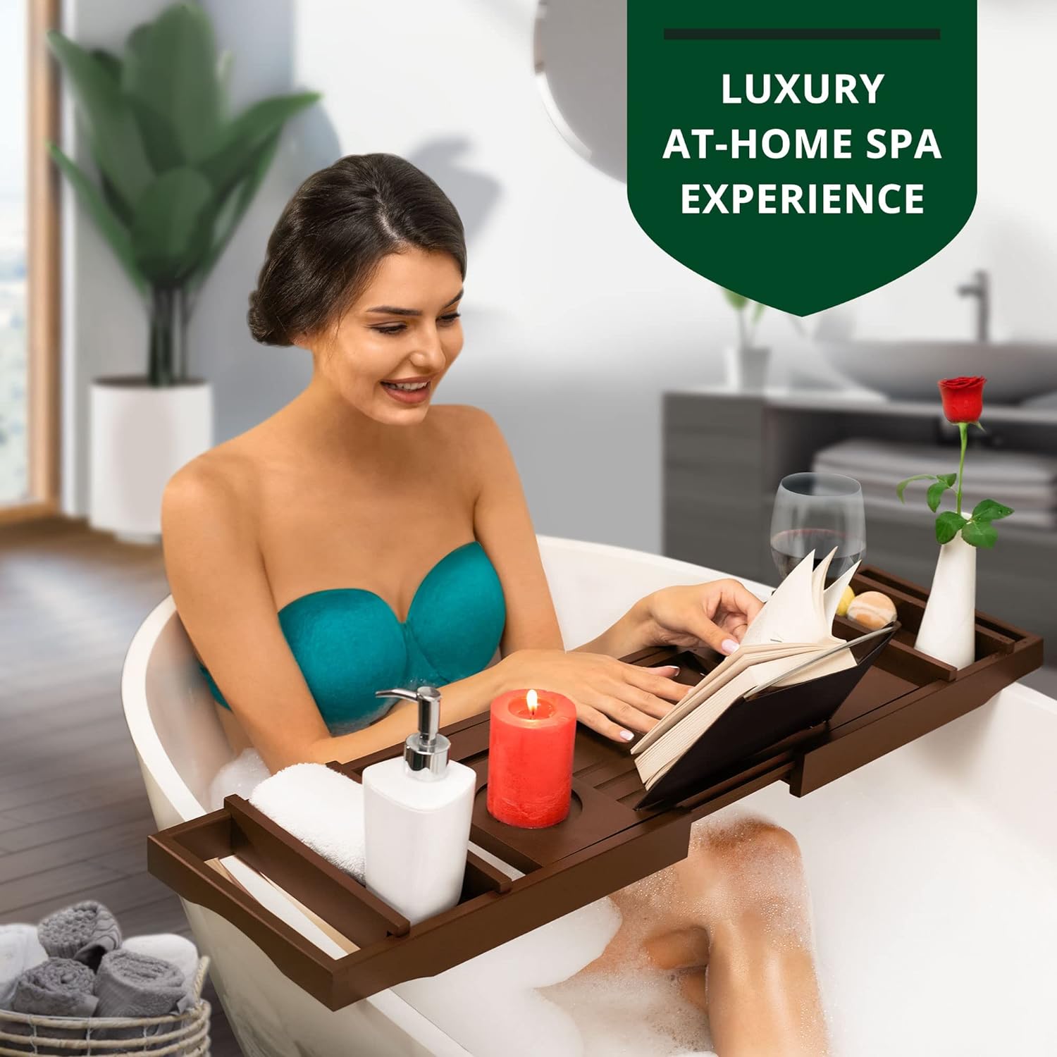 ROYAL CRAFT WOOD Foldable Bathtub Tray Caddy Bamboo Bathtub Tray Expandable, Bath Tub Table Caddy with Extending Sides - Free Soap Dish