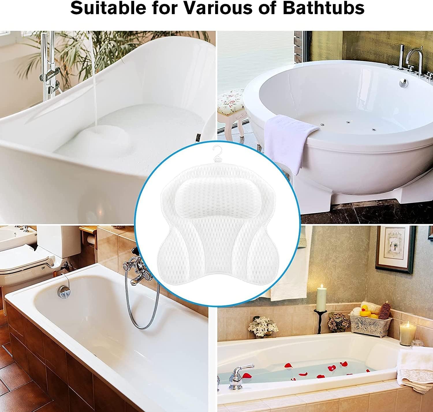 SwiftComfort Luxury Bath Pillow, Ergonomic Bathtub Spa Pillow with 4D Air Mesh Technology and 6 Suction Cups, Helps Support Head, Back, Shoulder Neck, Fits All Bathtub, Hot Tub Home, White