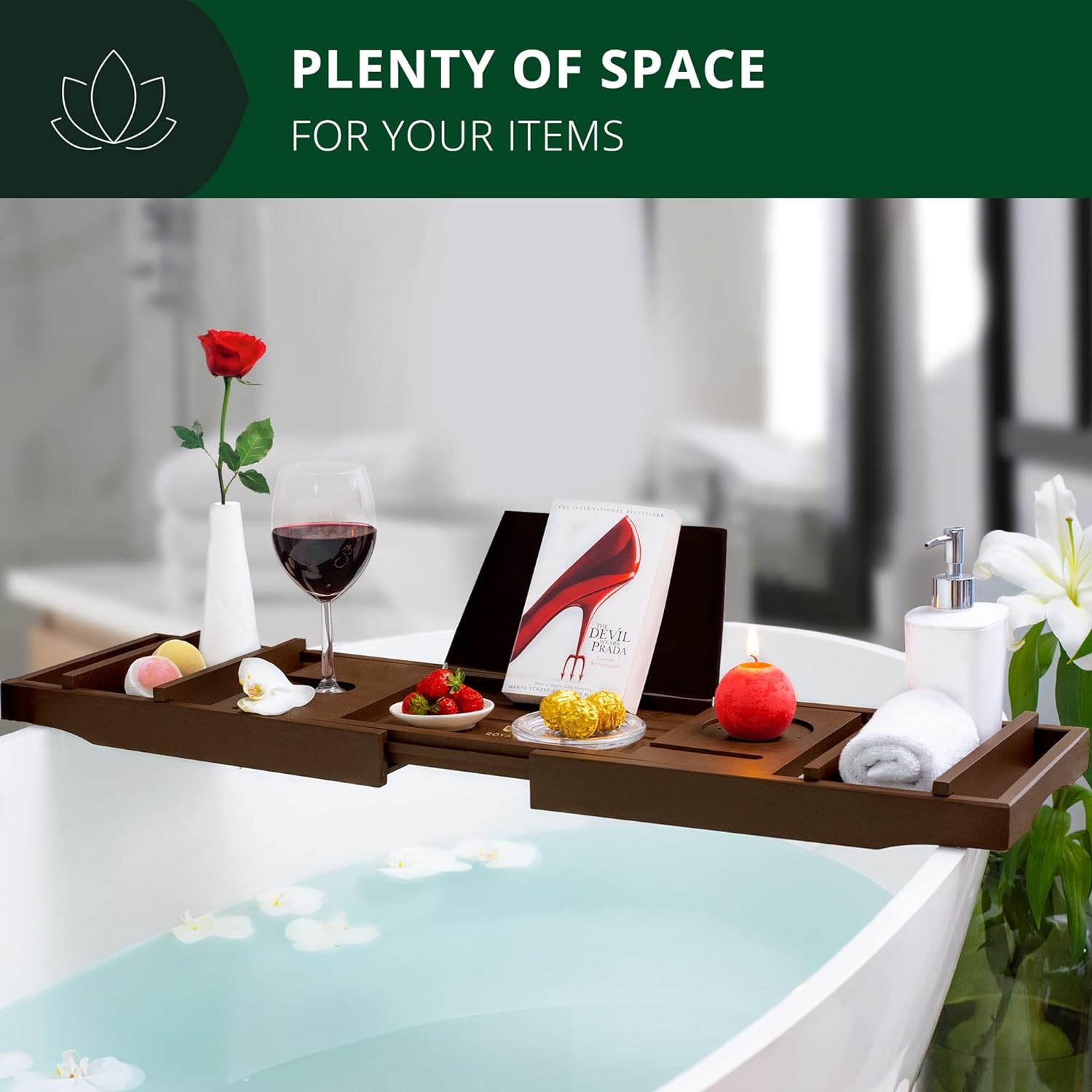 ROYAL CRAFT WOOD Foldable Bathtub Tray Caddy Bamboo Bathtub Tray Expandable, Bath Tub Table Caddy with Extending Sides - Free Soap Dish