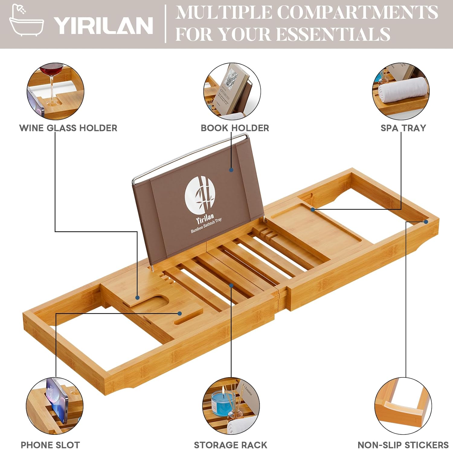 Yirilan Premium Bathtub Tray Caddy - Expandable Bath Tray - Unique House Warming Gifts, New Home, Anniversary & Wedding Gifts for Couple, Bridal Shower Gift for Women