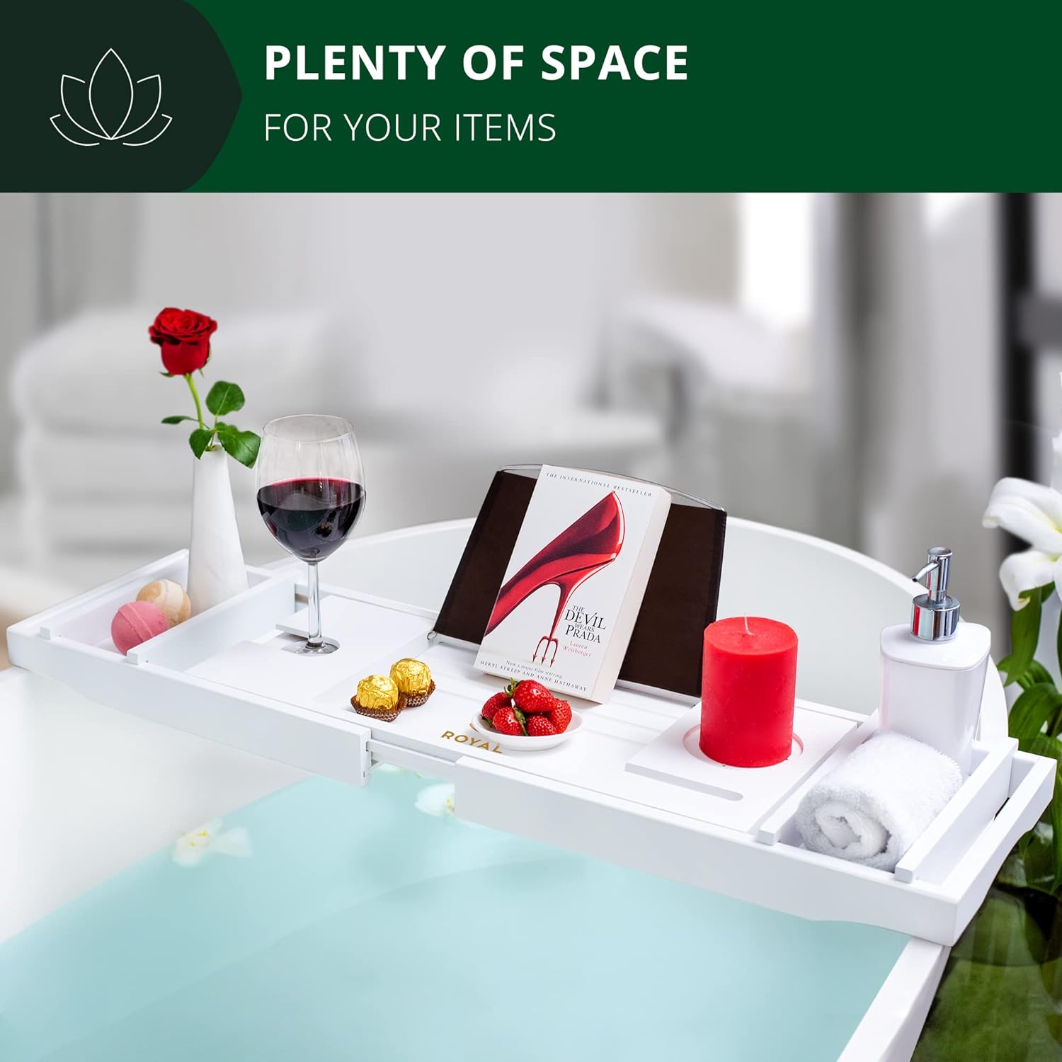 ROYAL CRAFT WOOD Foldable Bathtub Tray Caddy Bamboo Bathtub Tray Expandable, Bath Tub Table Caddy with Extending Sides - Free Soap Dish