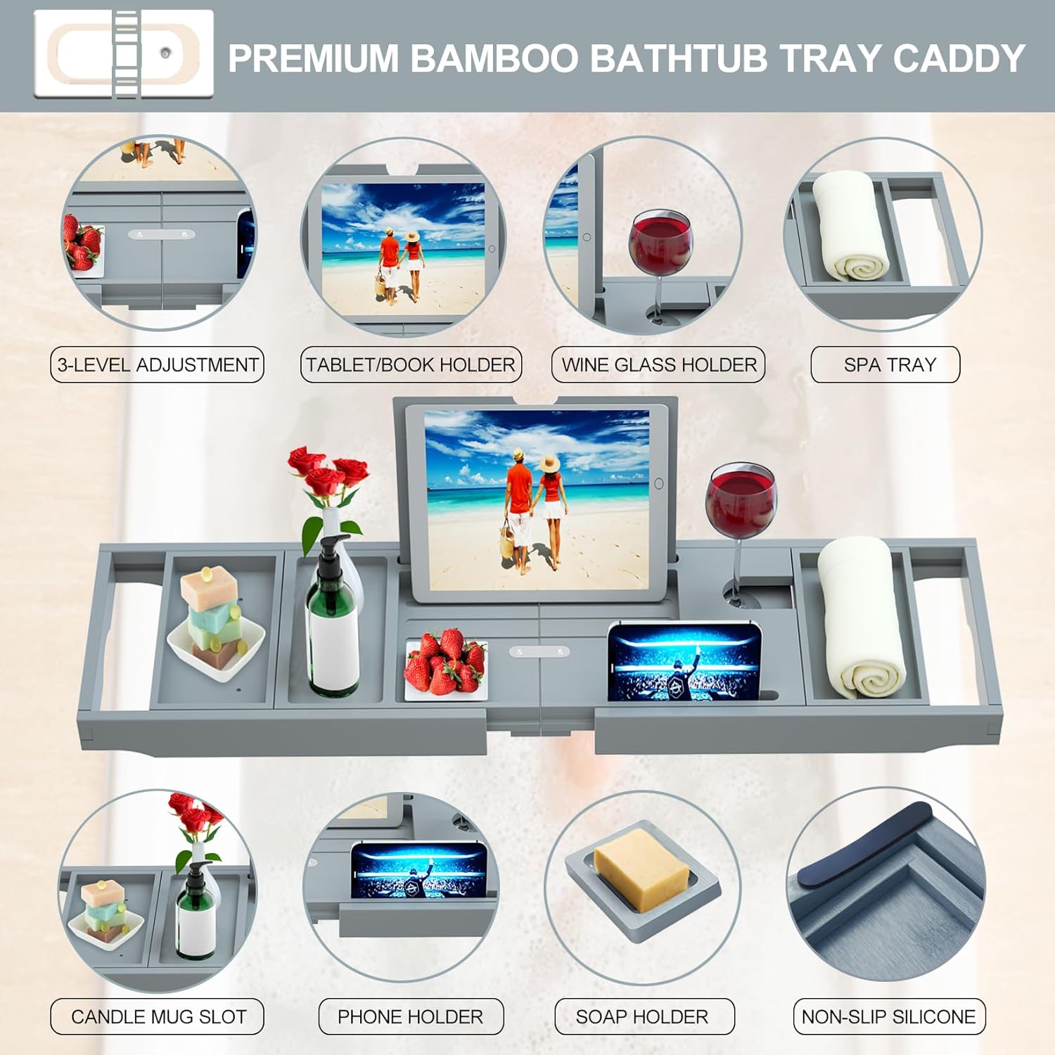 Premium Bathtub Tray Caddy - Bath Tray Bamboo Expandable - Bath Tub Tray Table for Bathtub - Expandable Size, Fits Most Bath Tubs