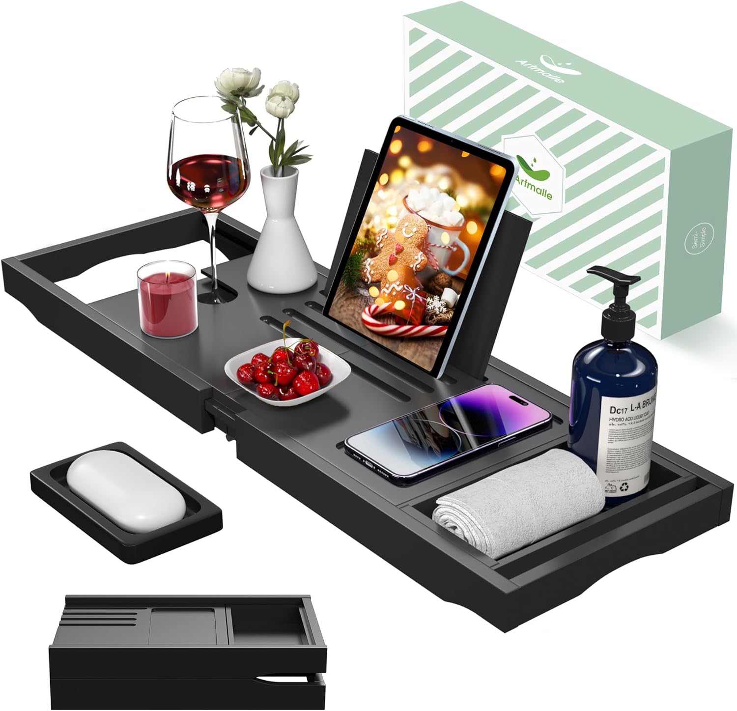 Artmalle Bathtub Caddy Tray for Tub,Foldable Bamboo Bath Table Tray with Book and Wine Glass Holder, Expandable Bathroom Accessories with Free Soap Dish Suitable for Luxury Spa or Reading