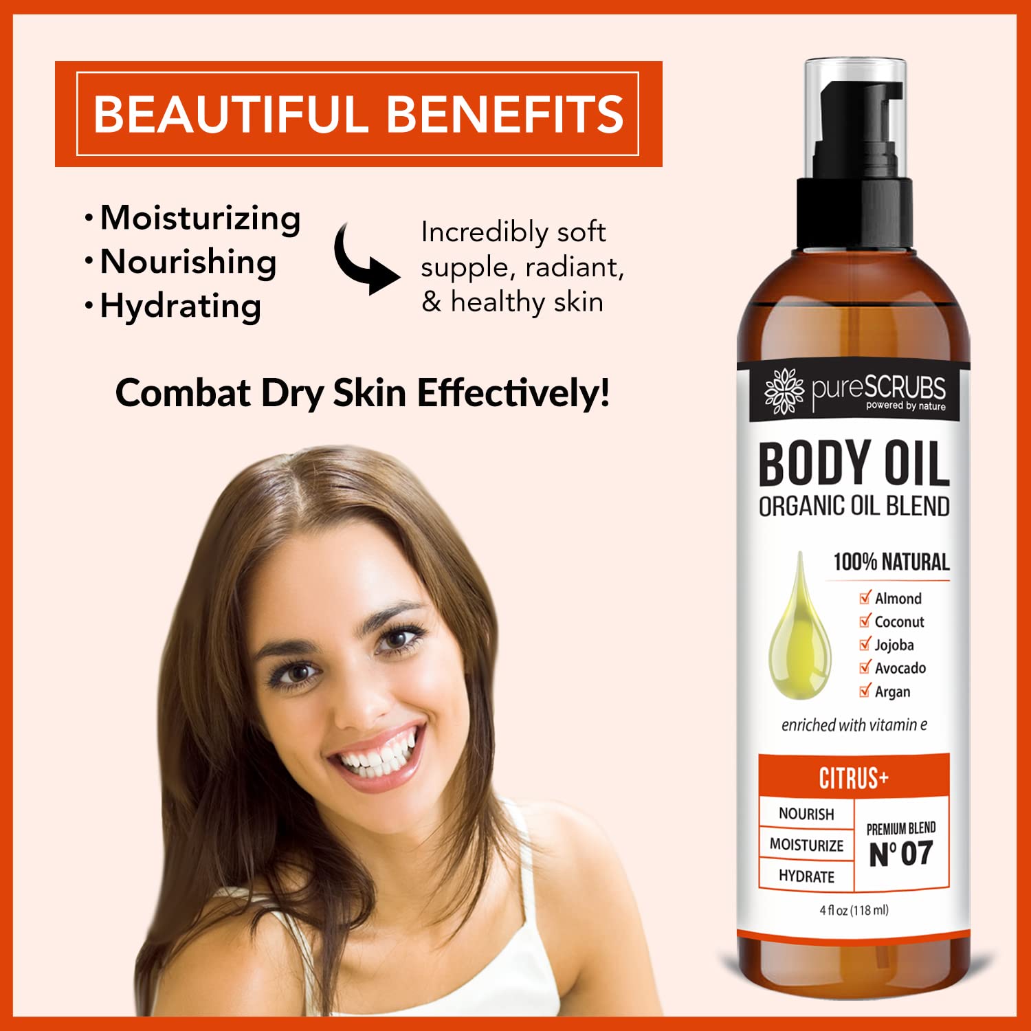 pureSCRUBS Ultra Moisturizing SANDALWOOD BODY OIL Spray For Dry Skin, Massage, Cuticles & More, Organic Blend of Jojoba, Argan, Coconut, Sweet Almond & Avocado Oils Enriched with Vitamin E - Lg 4oz