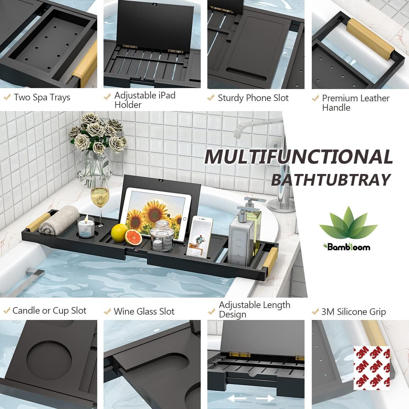 Bathtub Tray Luxury Bathtub Caddy, Expandable Bath Tray with Leather Grip, Adjustable 1 or 2 Person Bath Table Bed Tray with Slots for book Phone holder, Bamboo Bathroom Organizer & Accessories, White