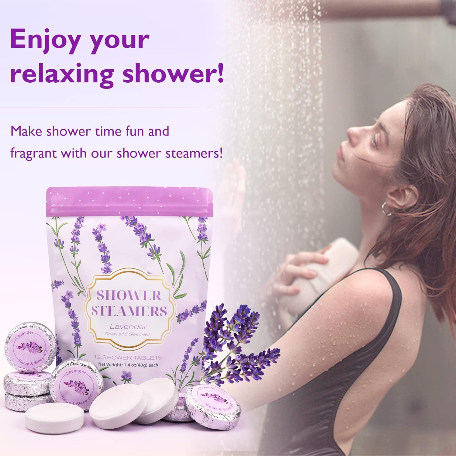 Poleview Lavender Shower Steamers Aromatherapy, Stress Relief Gifts for Women and Men, Strongly Scented Long Lasting Essential Oil Aromatherapy Shower Bombs for Self Care Relaxation Spa - 12 Packs