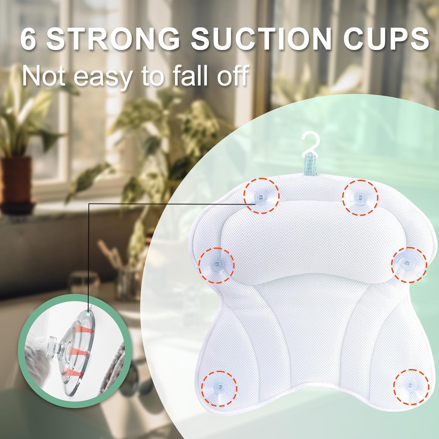 Olaemuo Bath Pillow Ergonomic Bathtub Pillow, Bath Bathtub Pillows for Tub for Head and Neck Mesh Bath Tub Pillow Headrest Luxury Bath Tub Shower Pillow for Bubble Bath with 6 Suction Cups-Light Green