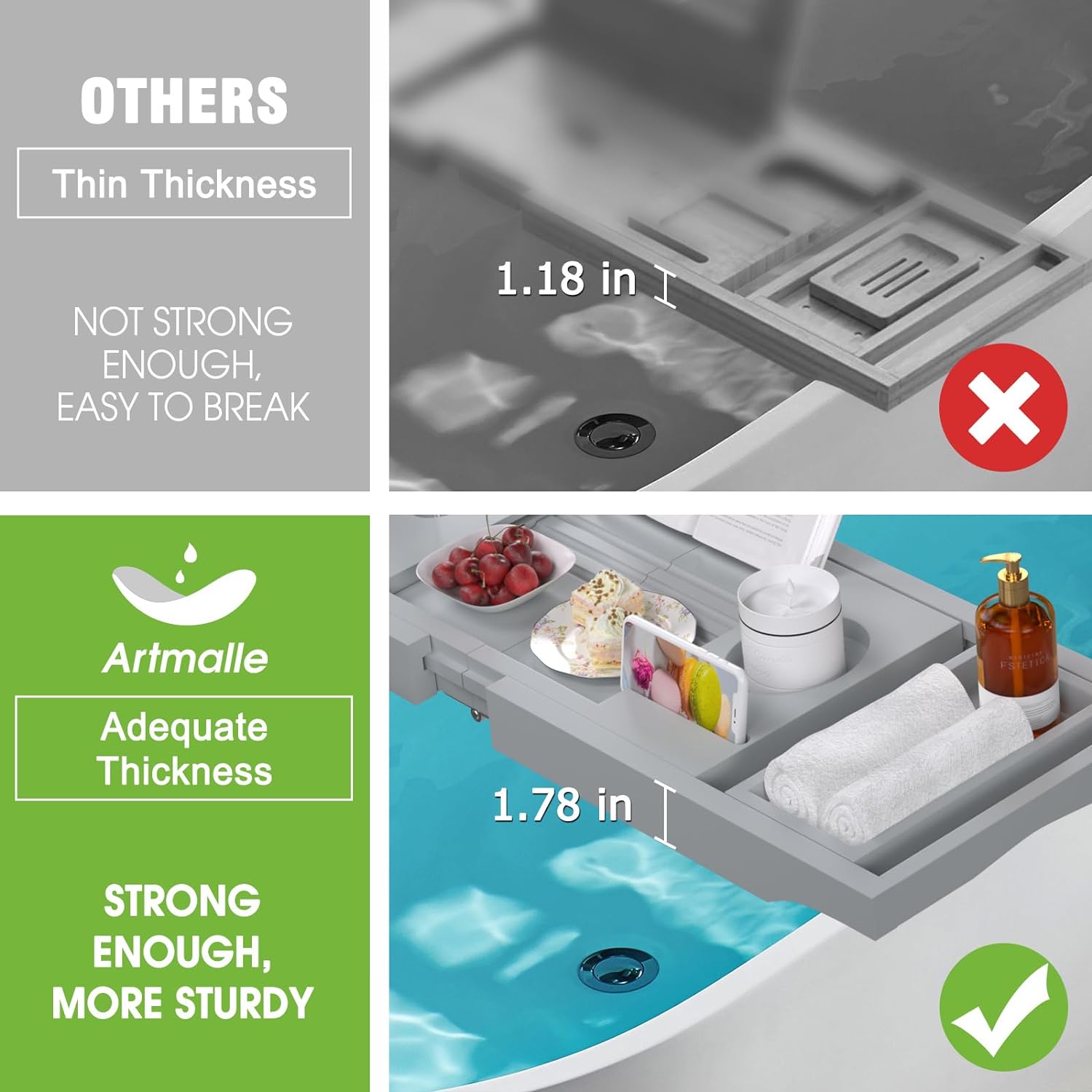 Artmalle Bathtub Caddy Tray for Tub,Foldable Bamboo Bath Table Tray with Book and Wine Glass Holder, Expandable Bathroom Accessories with Free Soap Dish Suitable for Luxury Spa or Reading