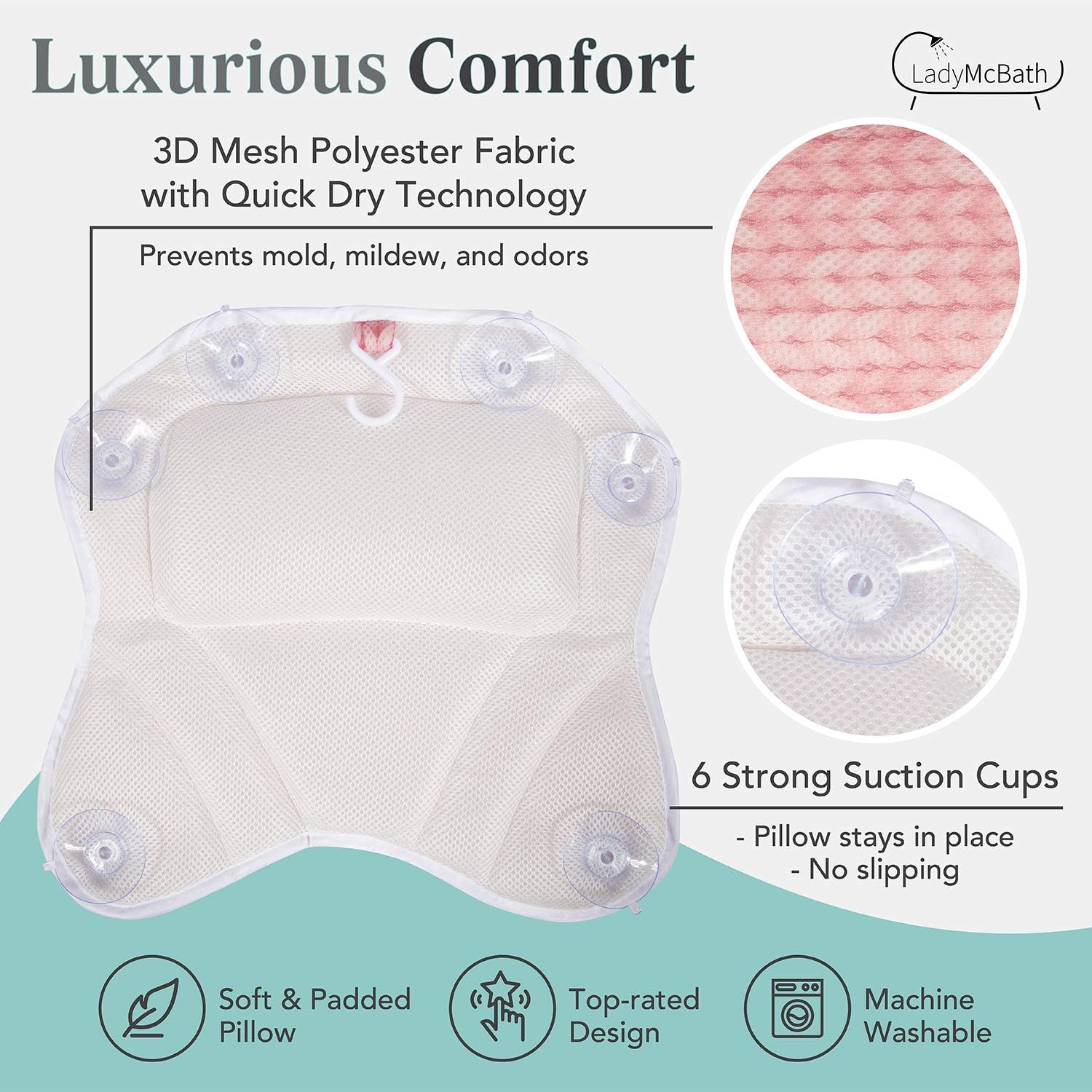 Lady McBath Bath Pillow - Luxury Bath Pillows for Tub Neck and Back Support - Powerful Suction Cups, Machine Washable Bathtub Accessory for Relaxation (Turquoise)
