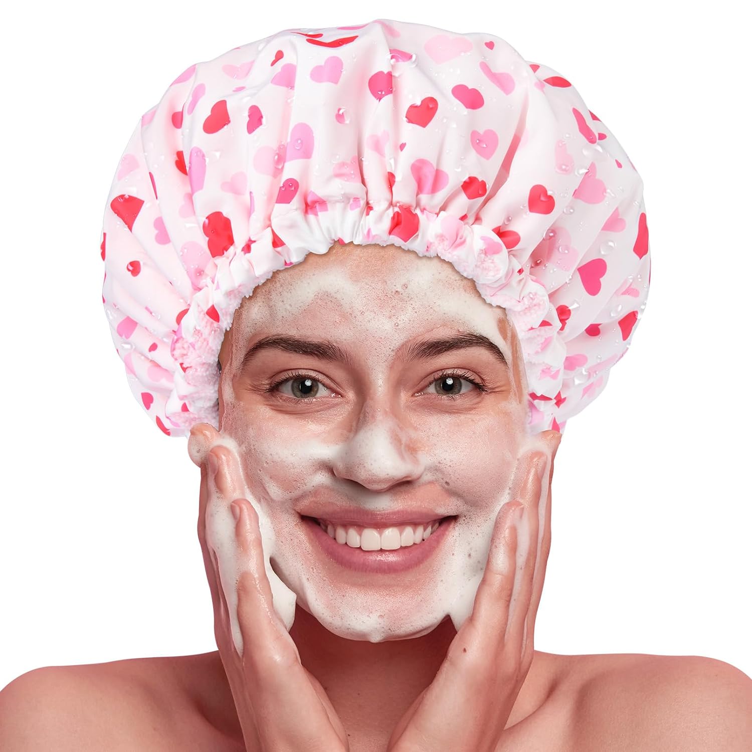 Shower Cap for Women Terry Lined Bath Cap Large Reusable Waterproof Elastic Band Pink Shower Caps for Long Thick Hair Soft Bath Shower Hair Caps