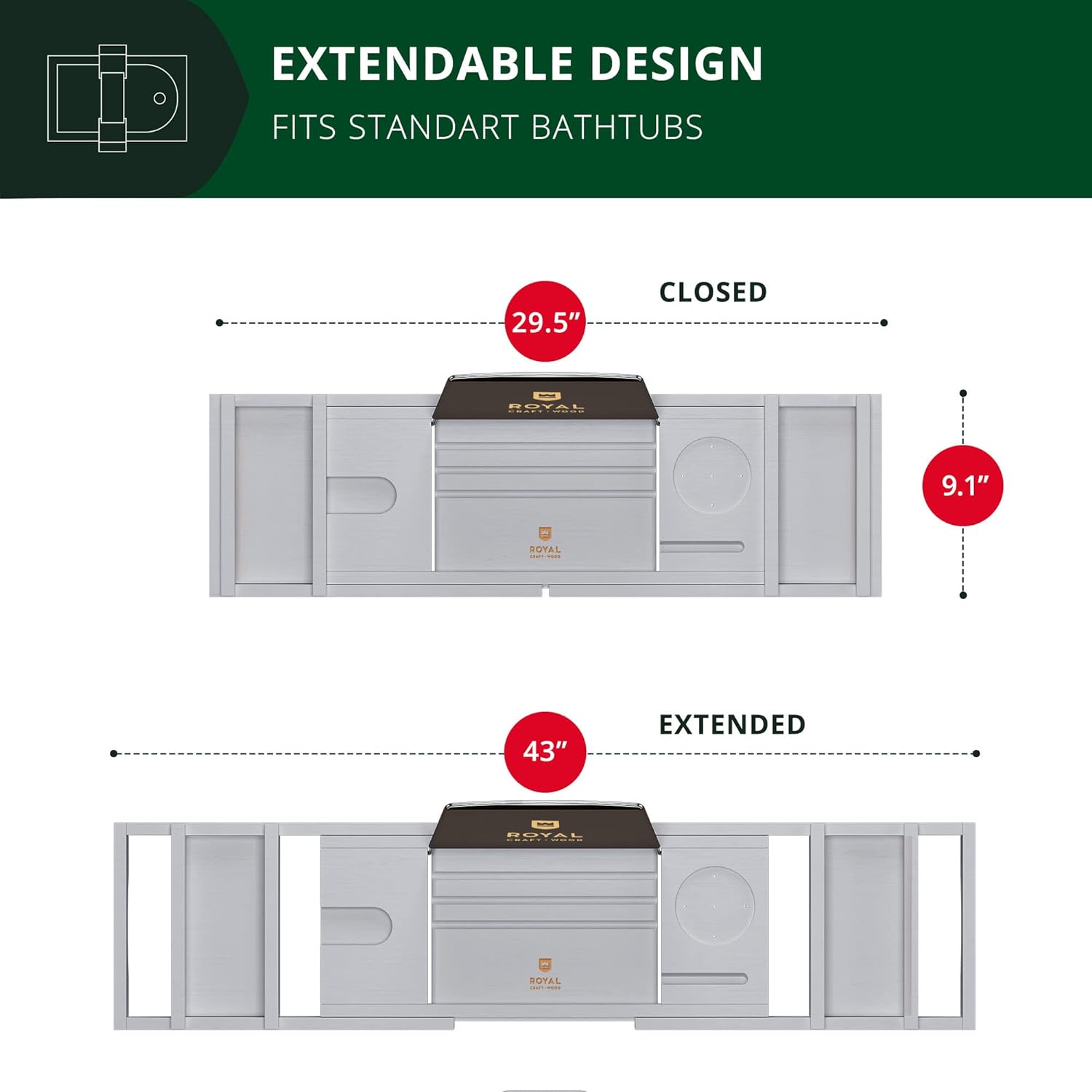 ROYAL CRAFT WOOD Foldable Bathtub Tray Caddy Bamboo Bathtub Tray Expandable, Bath Tub Table Caddy with Extending Sides - Free Soap Dish