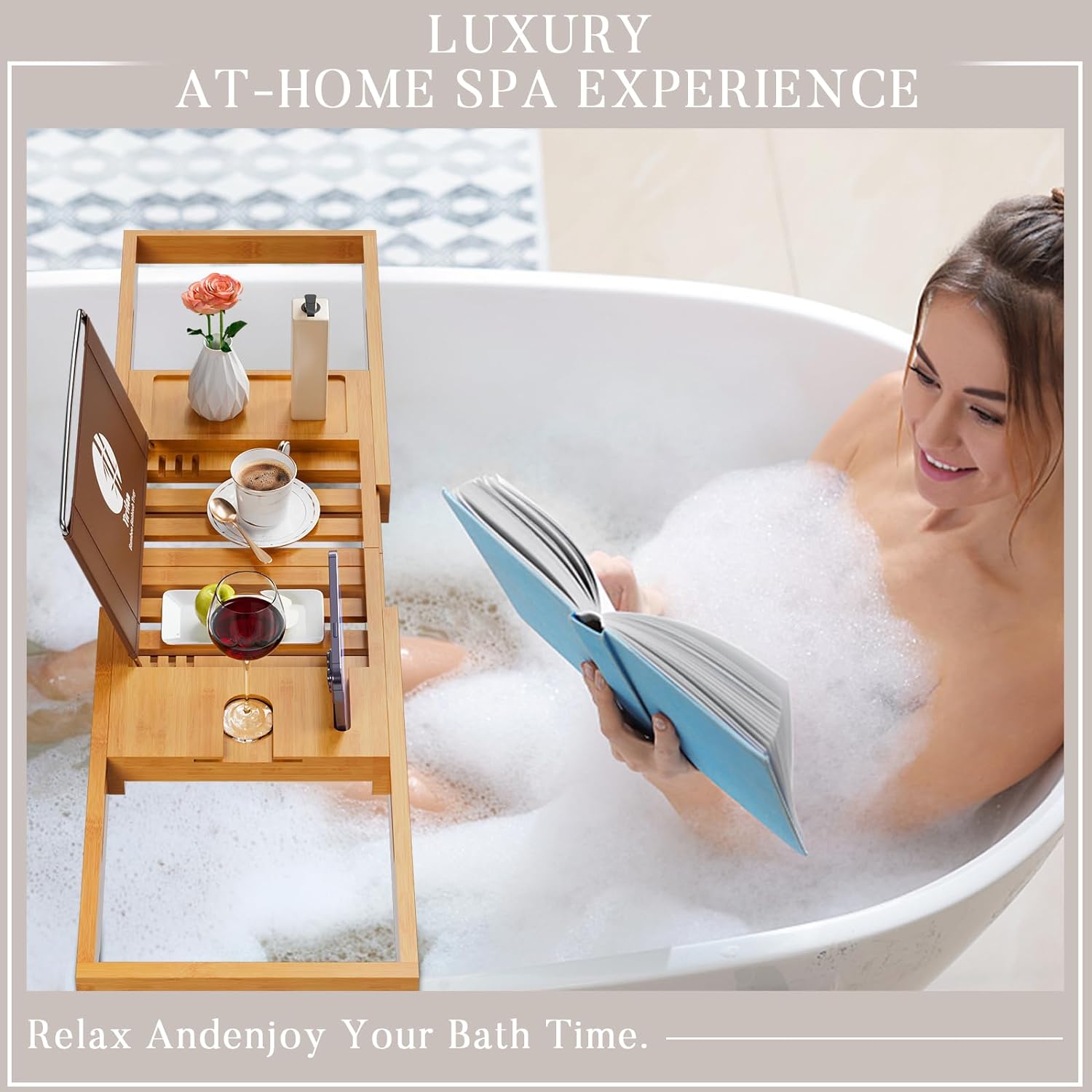 Yirilan Premium Bathtub Tray Caddy - Expandable Bath Tray - Unique House Warming Gifts, New Home, Anniversary & Wedding Gifts for Couple, Bridal Shower Gift for Women