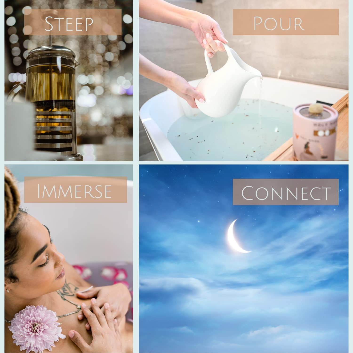 Moon Phase Organic Bath Soak with Dried Herbs and Flowers, Lavender, Rose Petals, Eucalyptus- Ritual Bath Accessories with Crystals for Relaxation. Stress Relief and Self Care Gifts for Women