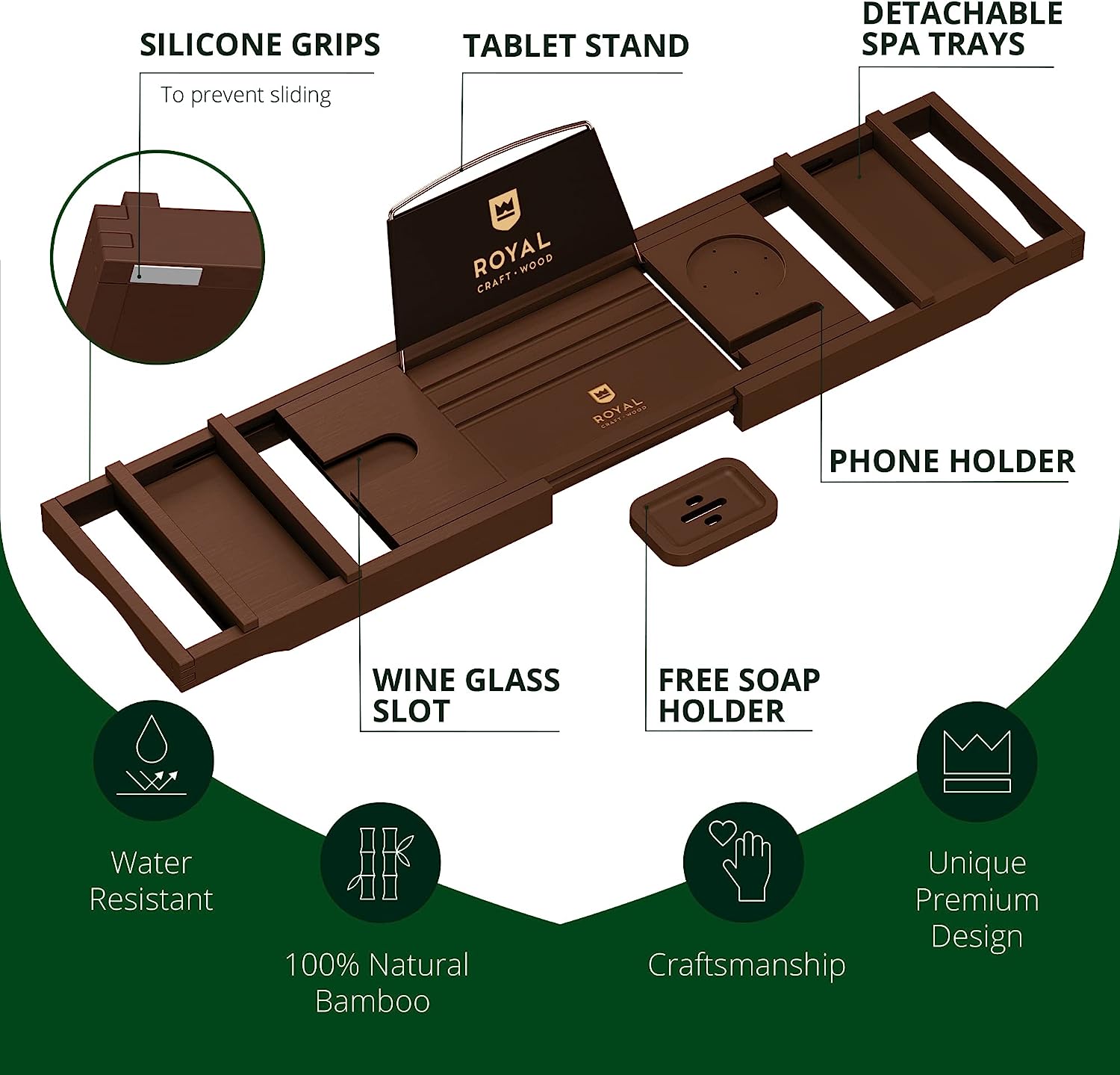 ROYAL CRAFT WOOD Foldable Bathtub Tray Caddy Bamboo Bathtub Tray Expandable, Bath Tub Table Caddy with Extending Sides - Free Soap Dish