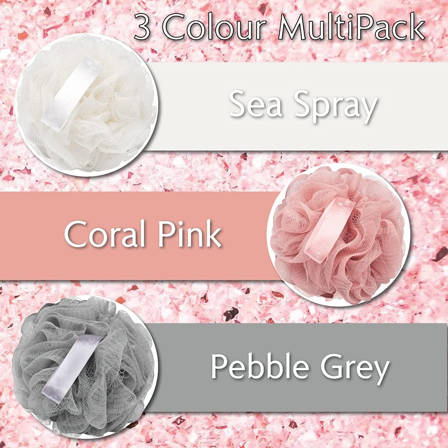 Shower Loofahs - 3 pack Natural Recycled Shower Poufs and Skin Scrubber Set for Men and Women - Exfoliating Body Bath Scrunchies Sponges for Bathroom & Shower