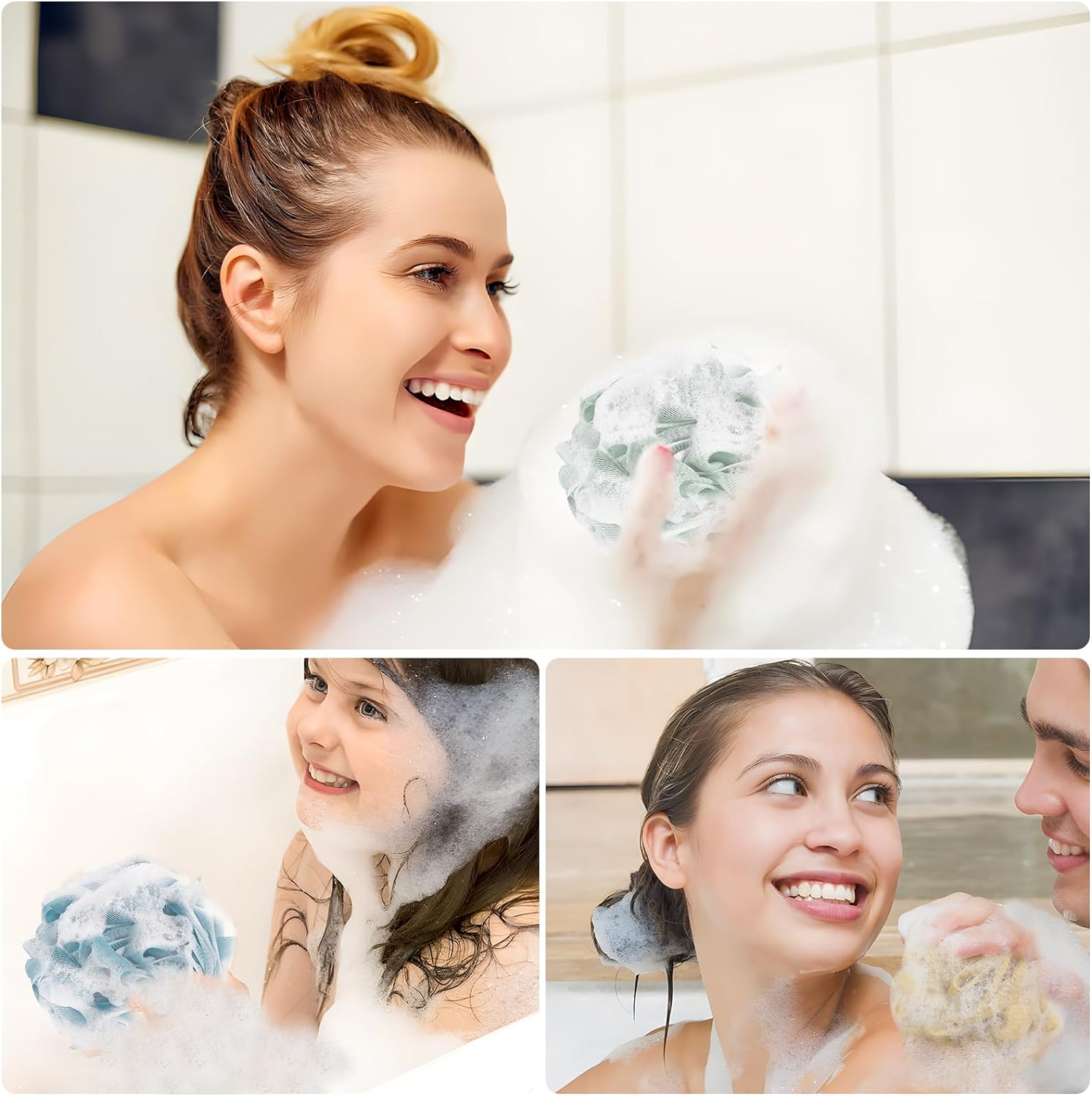 Yoget Charcoal Bath Loofah Sponge, 4 Pack Black 60G Large Shower Mesh Ball Soft Pouf Body Scrubber, Exfoliate, Cleanse, Soothe Skin, Black Loofah with White Trim