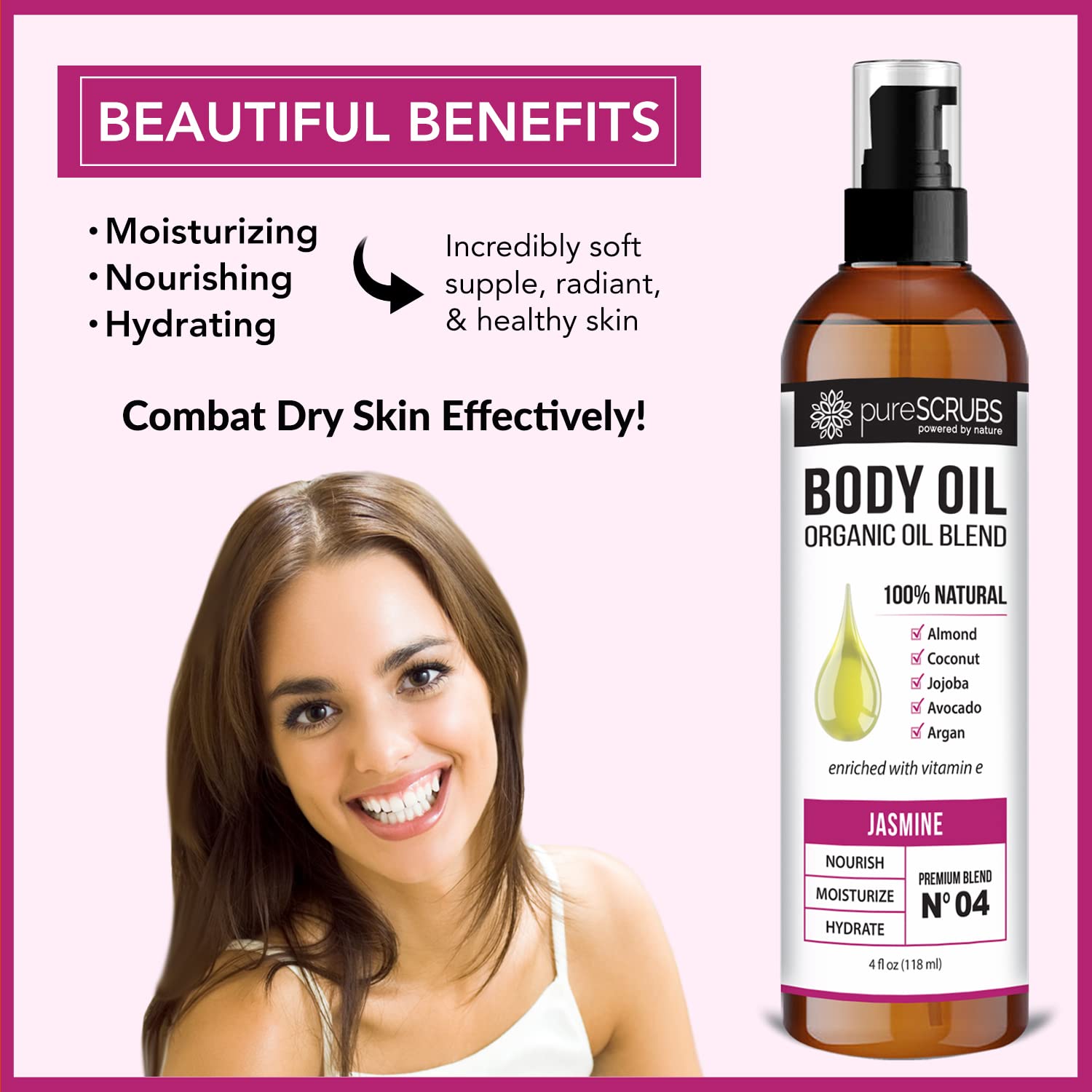 pureSCRUBS Ultra Moisturizing SANDALWOOD BODY OIL Spray For Dry Skin, Massage, Cuticles & More, Organic Blend of Jojoba, Argan, Coconut, Sweet Almond & Avocado Oils Enriched with Vitamin E - Lg 4oz