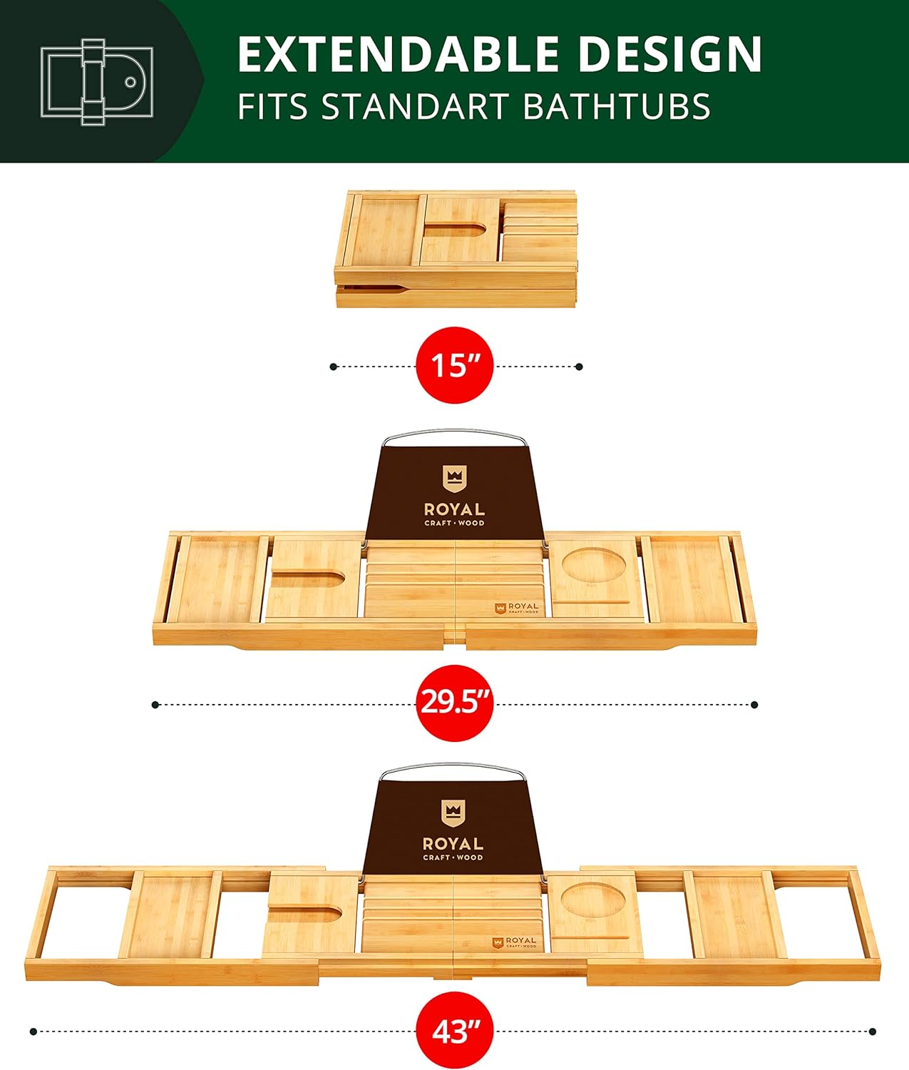 ROYAL CRAFT WOOD Foldable Bathtub Tray Caddy Bamboo Bathtub Tray Expandable, Bath Tub Table Caddy with Extending Sides - Free Soap Dish