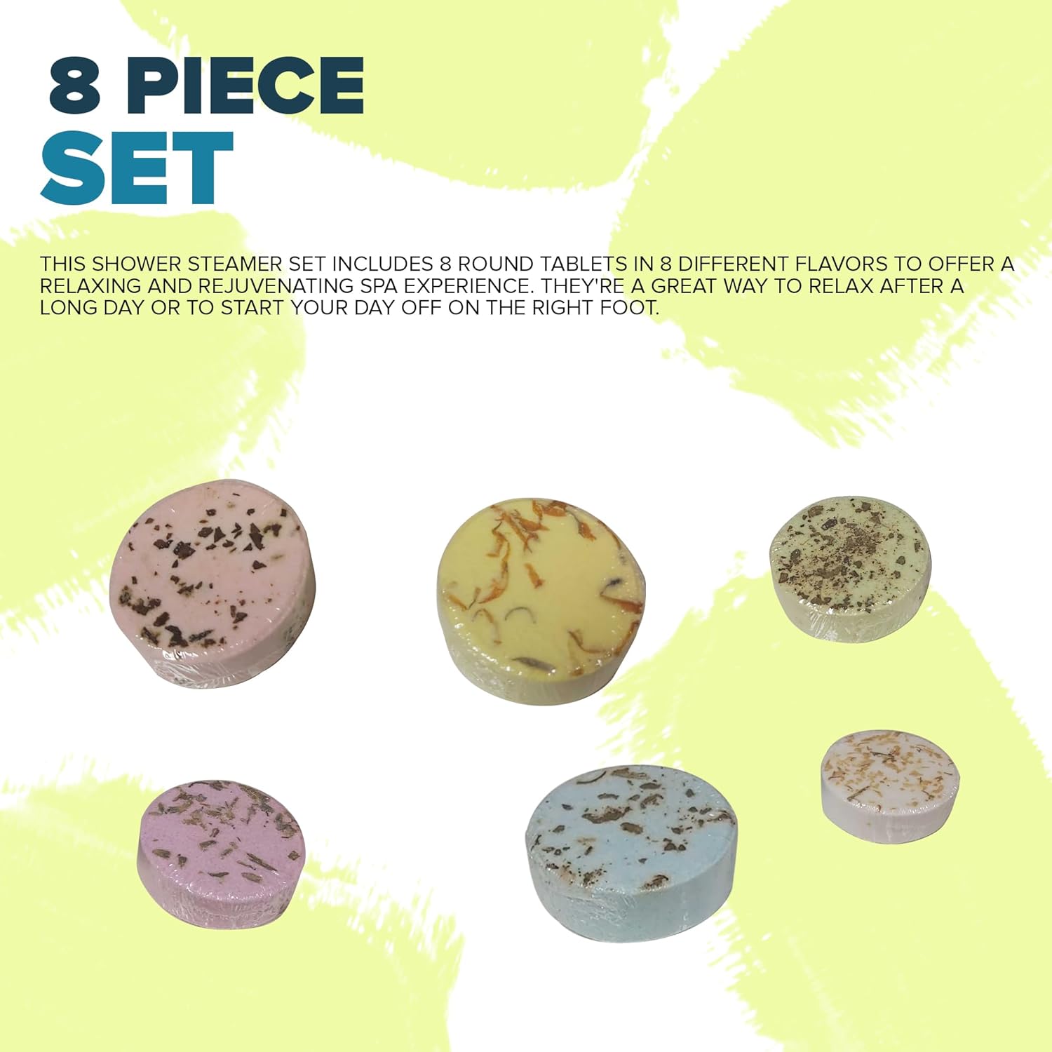 WorldFront Naturals Brand Round Shower Steamers Set - Aromatherapy Bath Bombs with 8 Natural Pure Essential Oils for Home Spa, 8-Pack Different Flavors Tablets - Perfect Gifts for Women