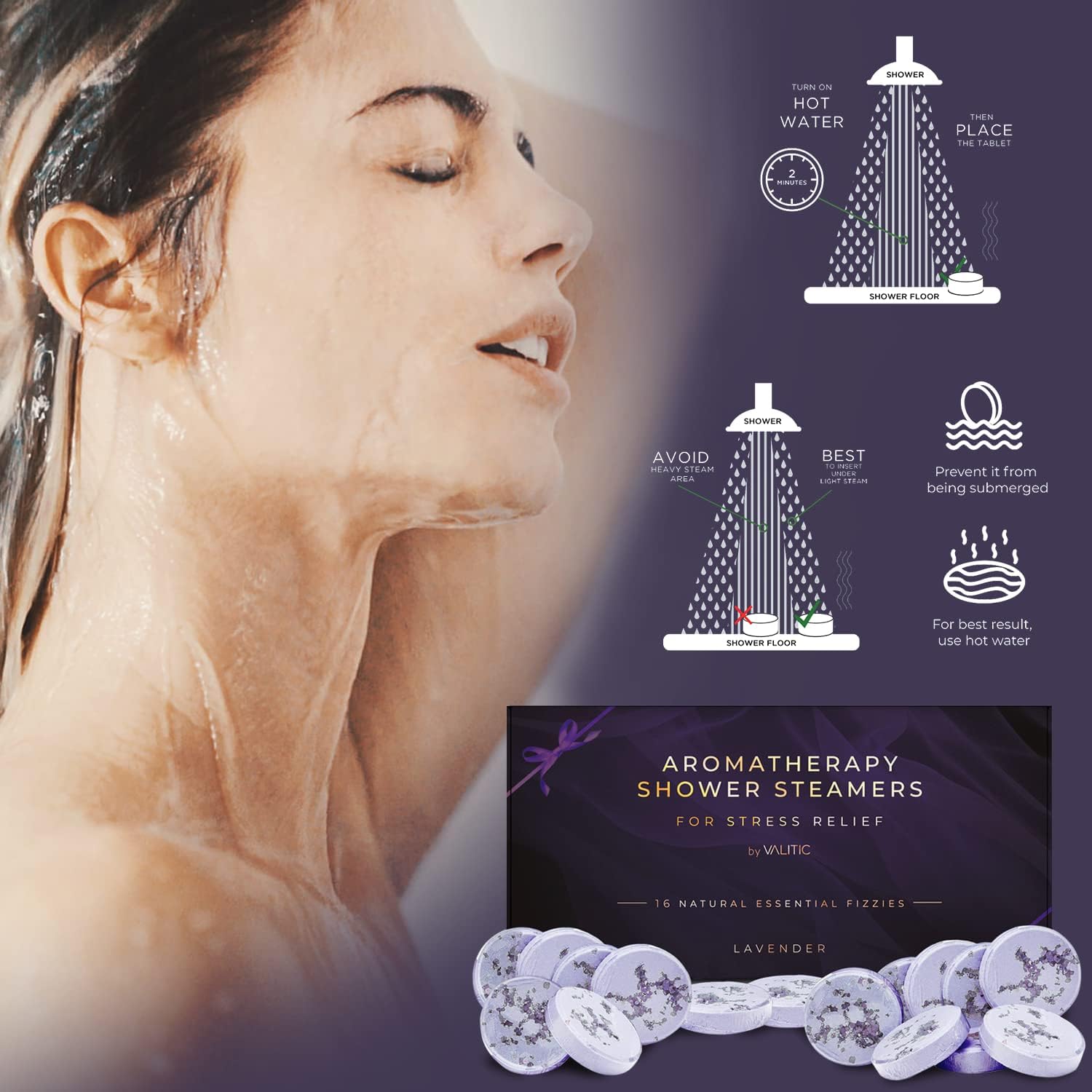 Valitic Aromatherapy Shower Steamers for Stress Relief and Relaxation - Gifts for Women Mom Birthday 8 Natural Essential Fizzies Shower Bombs - 4 Scents - Lavender, Eucalyptus, Citrus, and Peppermint